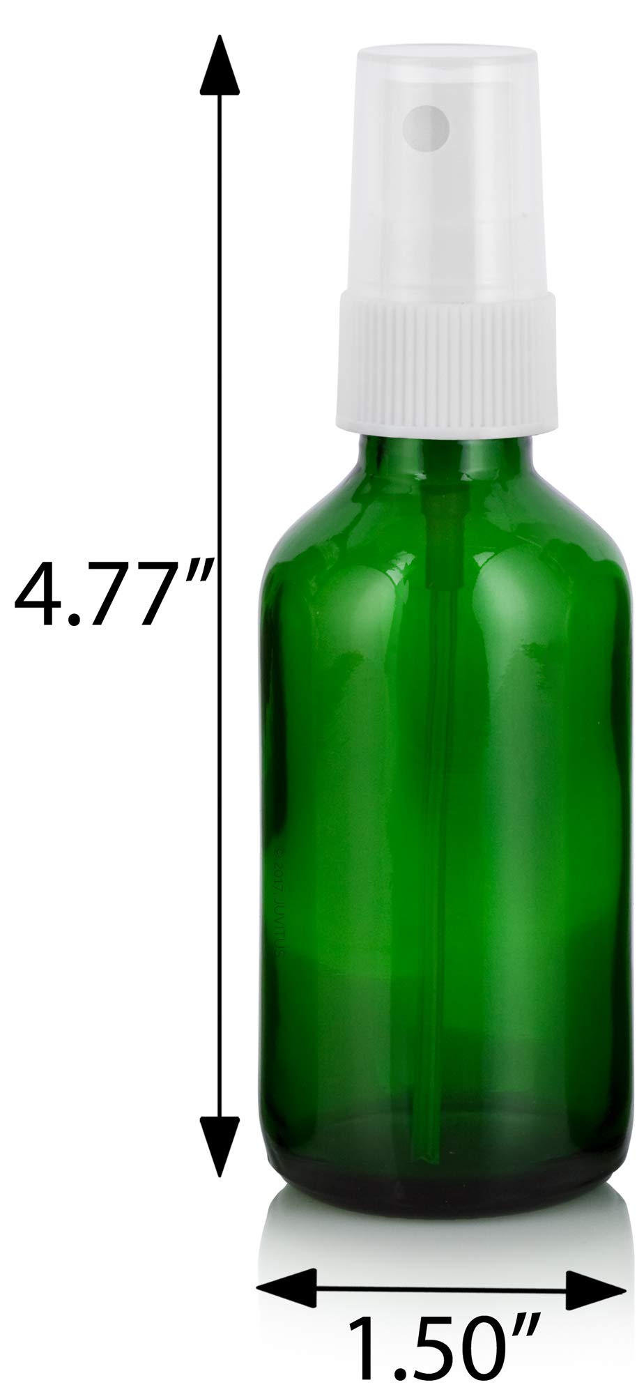 JUVITUS 12-Pack 2 oz Green Glass Boston Round Bottles with Fine Mist Sprayer & Funnel - Refillable Essential Oil, Perfume, Hair & Skin Care Spray Bottles for Home, Travel & DIY Projects