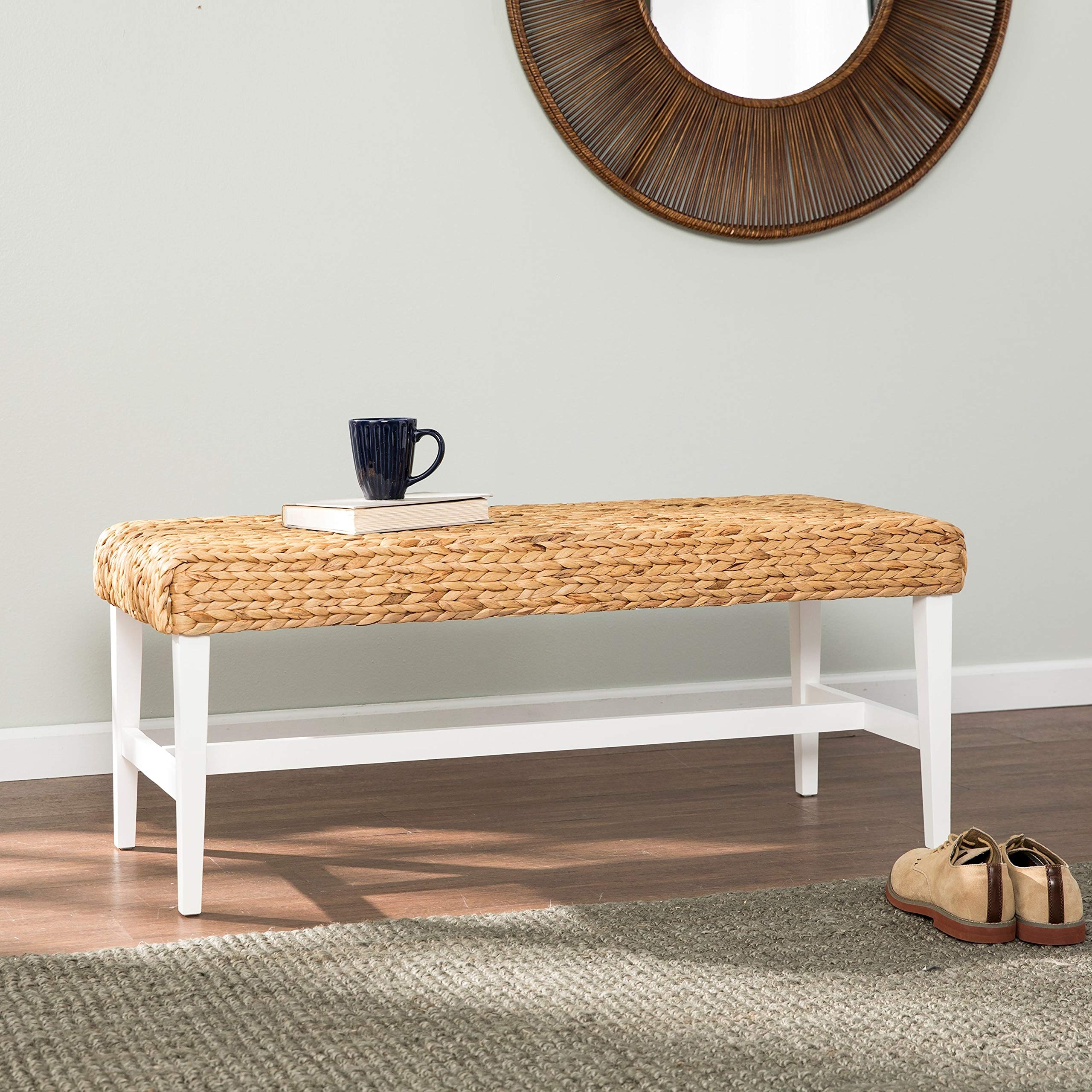 White Woven Coffee Table Bench with Tan Solid MDF Wicker - Stylish Ottoman for Living Room, Bedroom & Outdoor Patio Furniture