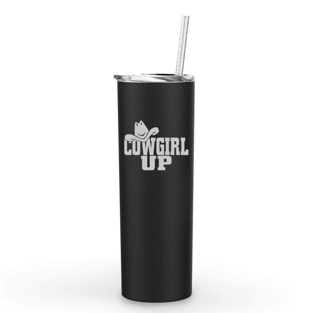 20 oz Skinny Tall Stainless Steel Vacuum Insulated Tumbler with Straw - Cowgirl Up with Hat Design (Black) - Perfect for Travel, Office, and Outdoor Adventures