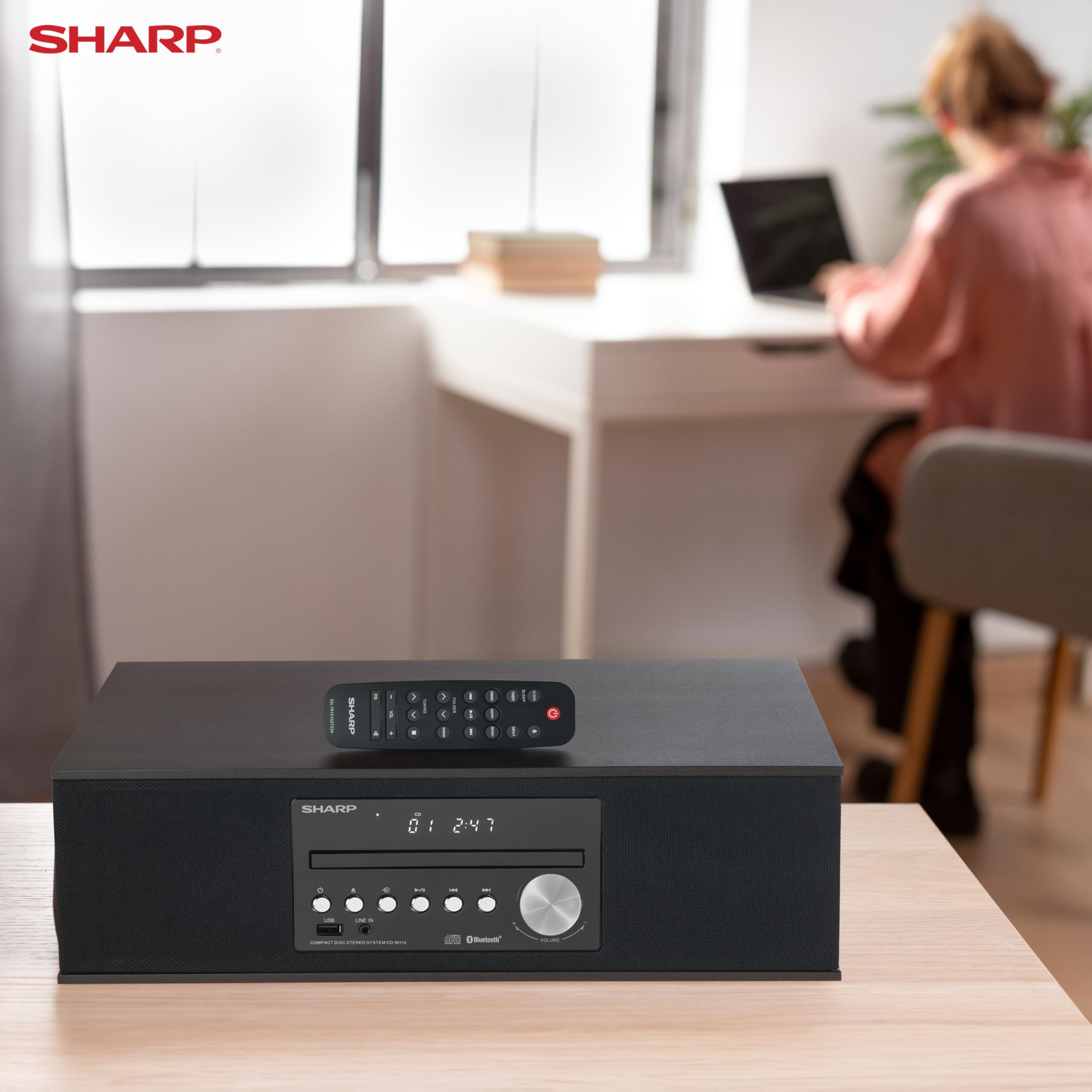 Vintage Style Retro Bluetooth CD Player with Wood Speakers - Sharp CD-BH10 Wireless Audio System | USB MP3 Playback, FM Stereo Tuner, AUX Input | Perfect for Home, Office & Retro Music Lovers