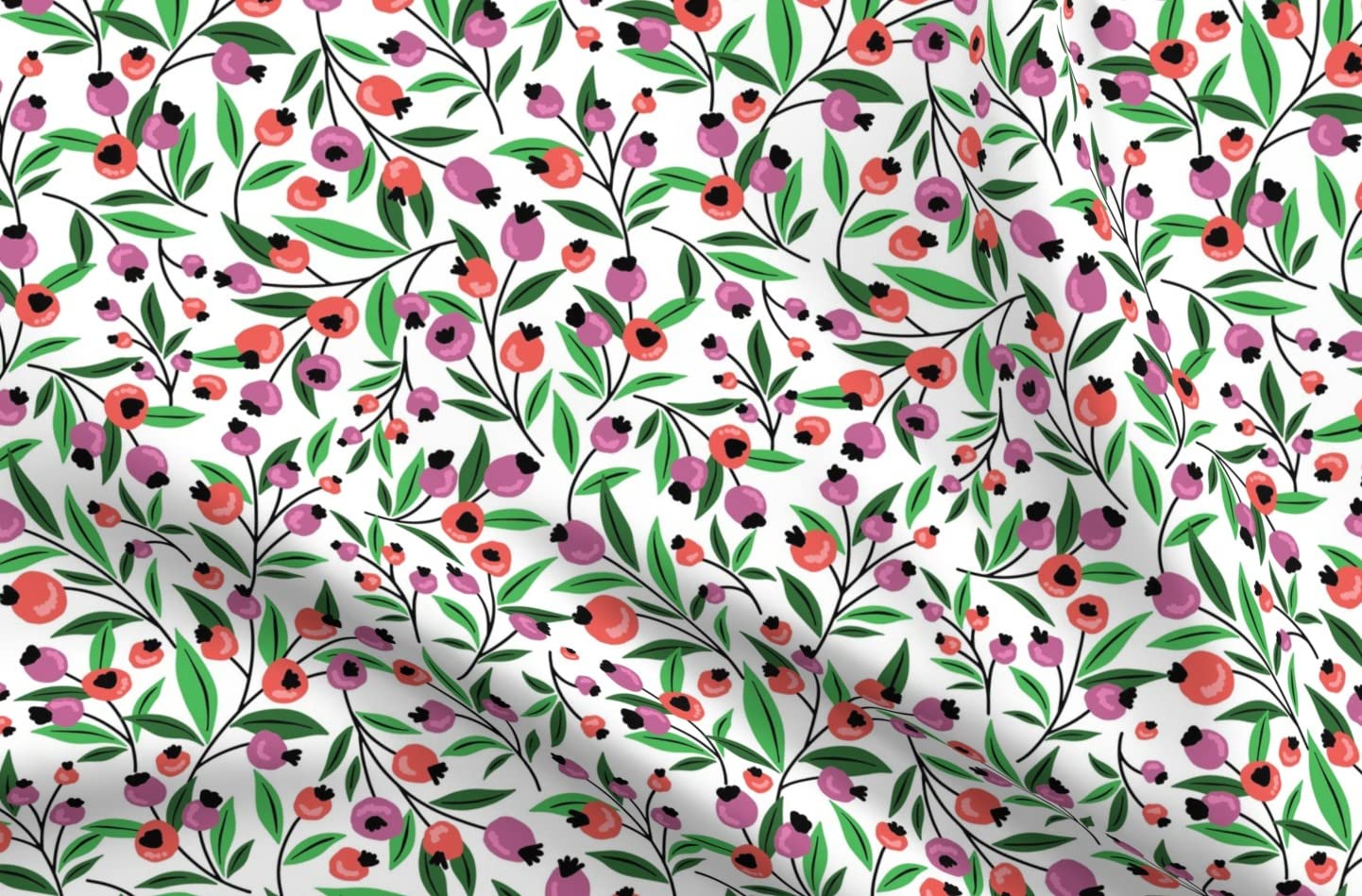 Coral and Green Berry Garden Printed Organic Cotton Sateen Fabric by The Yard - Summer Fruit Nature Spring Design for Sewing, Quilting, Apparel & Home Decor | Perfect for Dresses, Curtains and DIY Craft Projects