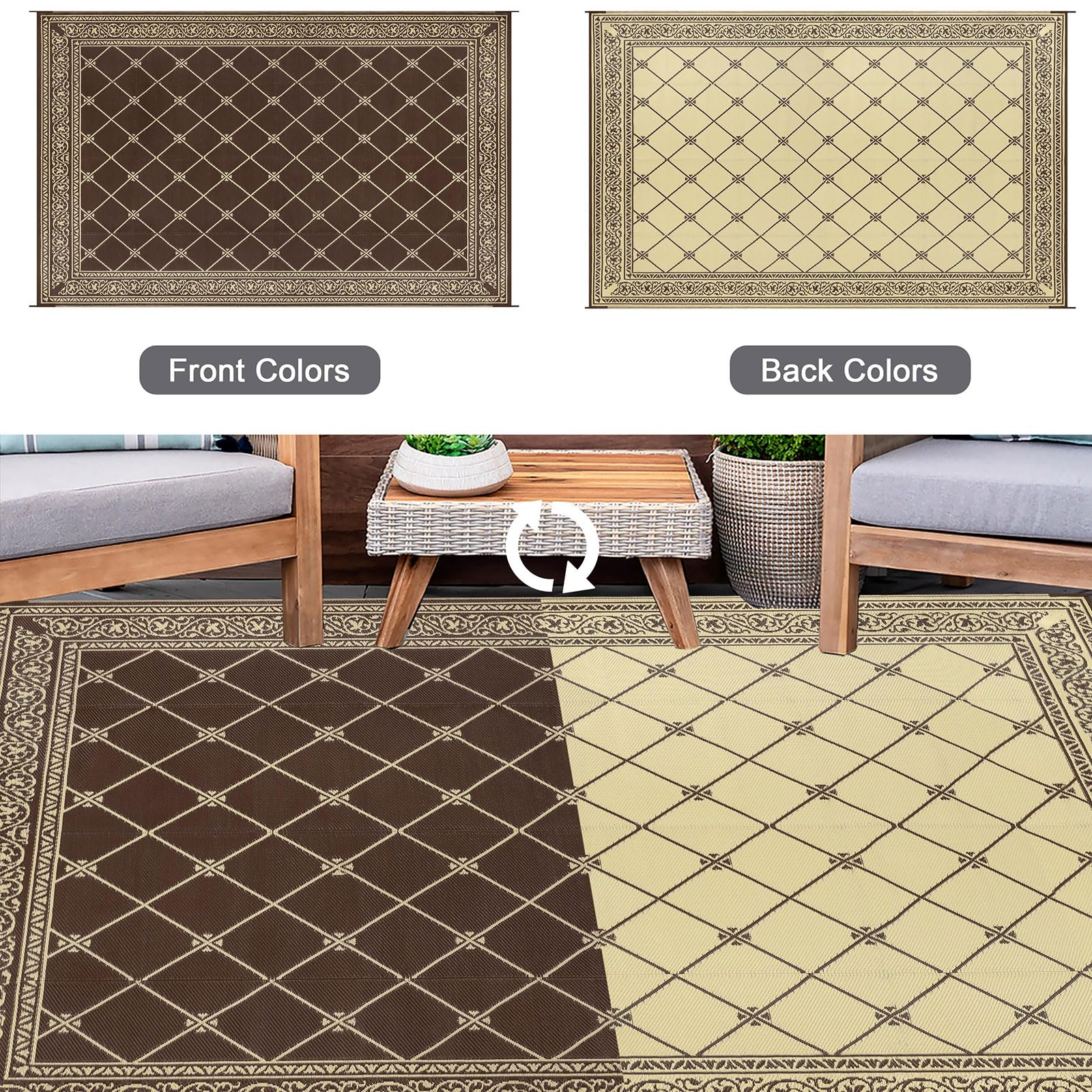 HiiARug Reversible 5'x7' Outdoor Rug - Durable Plastic Straw Patio Mat for Camping, RV, Deck, Backyard, Beach & Picnic - Waterproof & Easy to Clean - Perfect for Outdoor Entertaining & Relaxation (Brown)