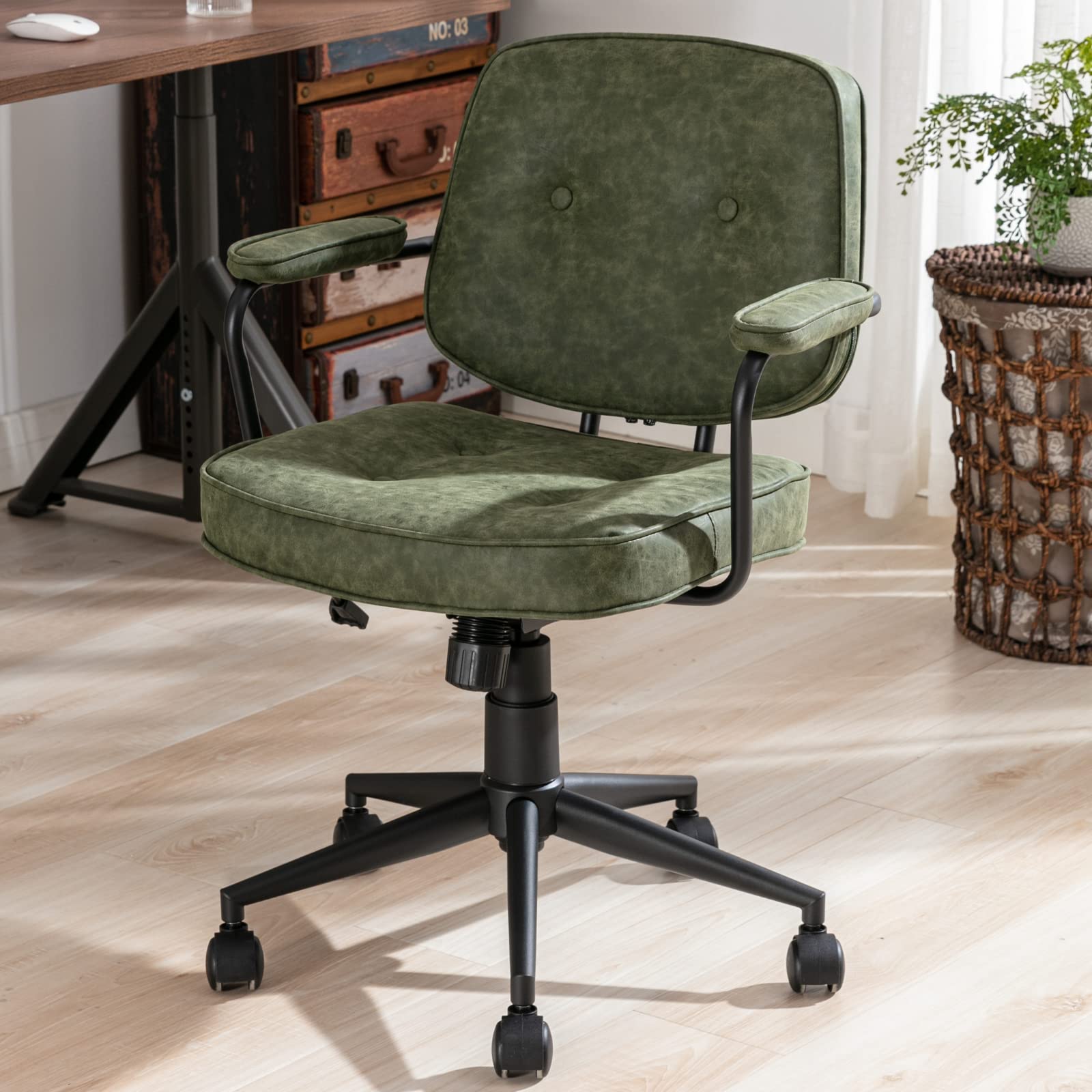 LukeAlon Adjustable PU Leather Tiltable Office Chair - 360° Swivel Ergonomic Task Chair with Armrests, Thickened Seat & Button Tufted Design for Home Office (Green) - Perfect for Workspaces, Gaming & Study Rooms