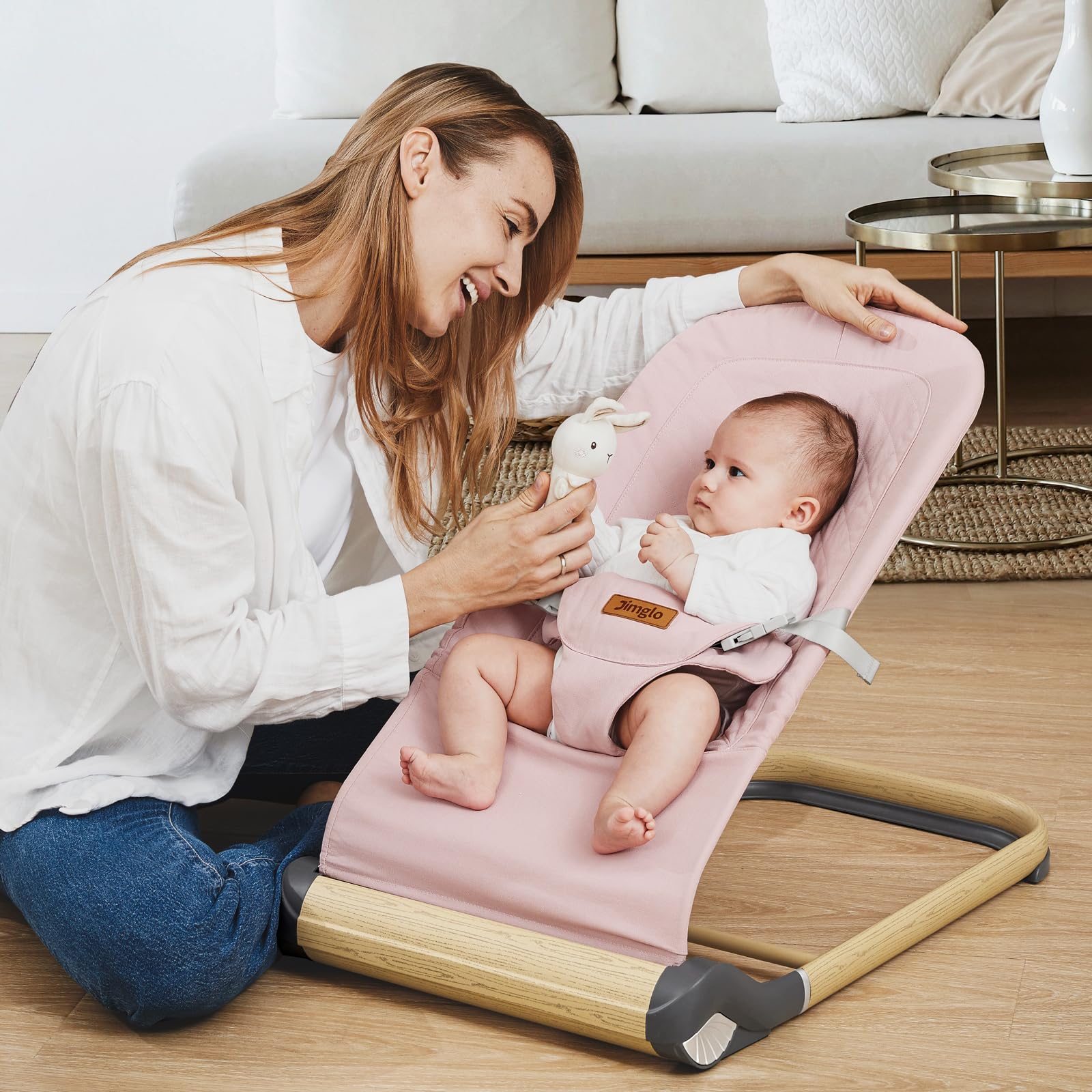 Foldable Baby Bouncer Seat - Adjustable Height Infant Bouncer with Soft Cotton Cover (Pink) | Portable & Lightweight for Home, Travel & Outdoor Use