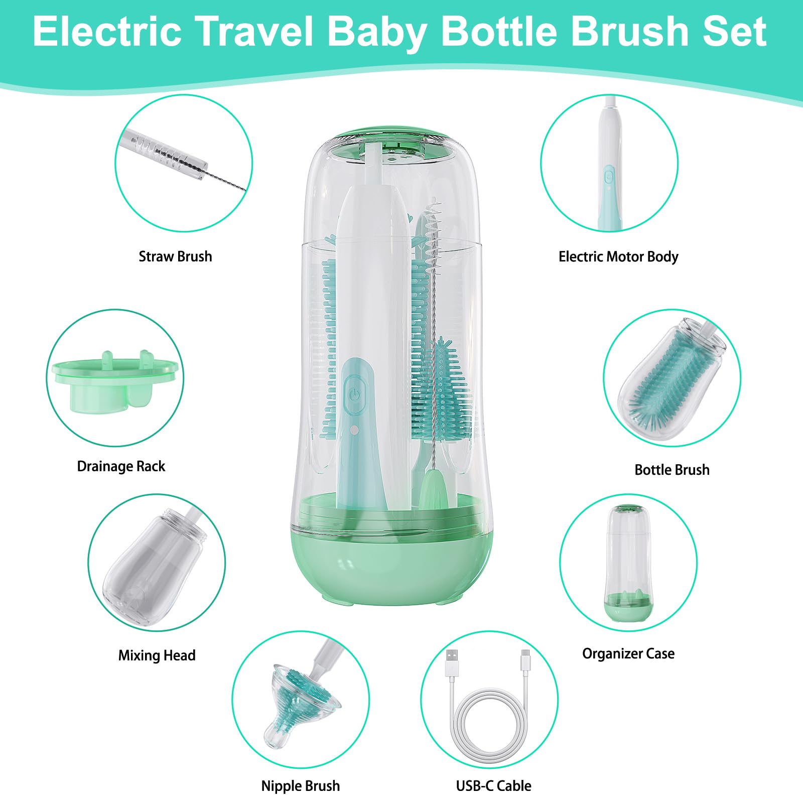 VSTM Electric Baby Bottle Brush Set - Automatic Bottle Cleaner with Silicone Brush, Nipple & Straw Cleaner, Milk Frother & Drying Rack (Green) - Perfect for Travel, Home & Nursery Use