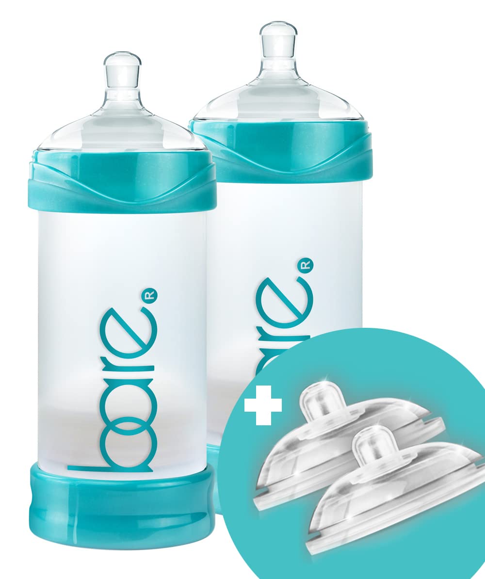 Bittylab Bare Air-Free 8oz Baby Bottle Twin Pack with 2 Nipples - Perfe-Latch for Breastfed Babies & Easy-Latch for Bottle-Fed Infants - Reduces Reflux, Colic, Gas & Improves Sleep - Easy to Use - Perfect for Daycare, Travel & Nighttime Feeding