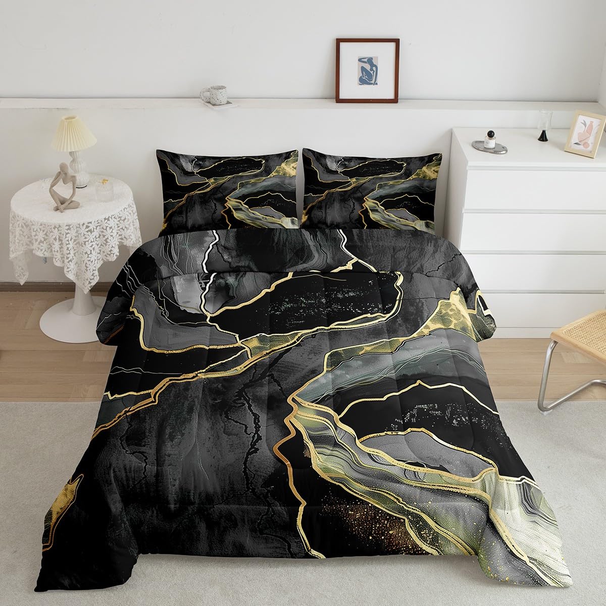 Luxury Black Gray Comforter Set with Marble Gold Sequins - Twin Size Bedding Set for Kids, Boys, Girls & Teens | Soft Lightweight Duvet Cover with Abstract Marble Texture Print | Includes 1 Pillowcase | Perfect for Bedroom Decor, Gift Ideas & Cozy Sleep