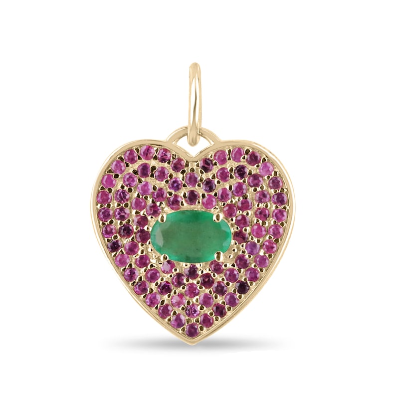 1.0tcw 14K Gold Emerald & Pink Sapphire Heart Cluster Pendant Charm Necklace - Elegant Jewelry Gift for Women, Valentine's Day & Anniversary
