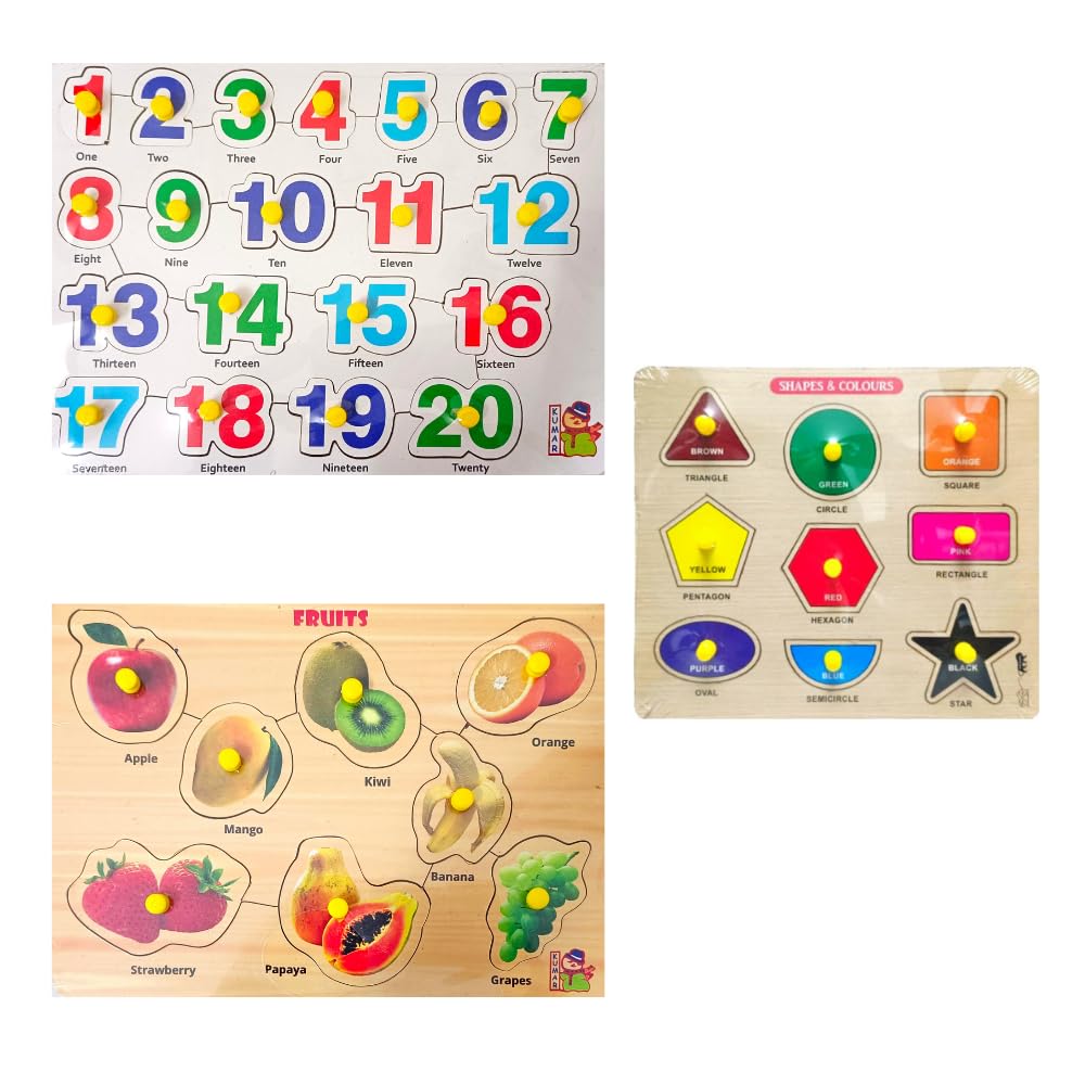Combo of 5 Wooden Learning Boards for Kids 3+ | Educational Wooden Puzzles for Toddlers & Adults | Shapes, Numbers 1-20, Wild Animals, Fruits | Perfect for Home, Classroom, and Montessori Learning