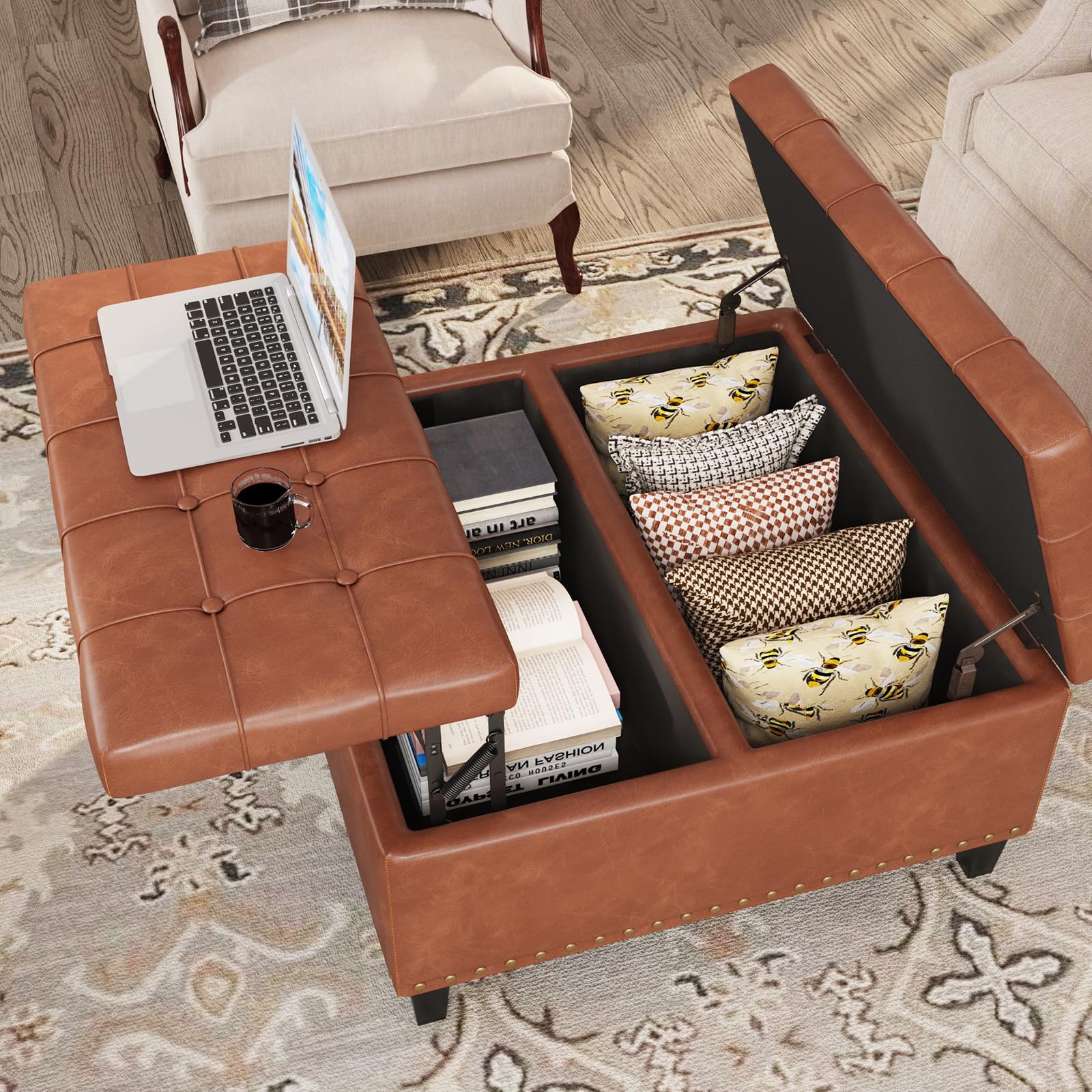 Square Leather Storage Ottoman with Lift Top - Large Upholstered Footrest Stool & Toy Box for Living Room, Bedroom - Brown Leather Coffee Table Ottoman | Perfect for Extra Seating, Storage & Home Decor