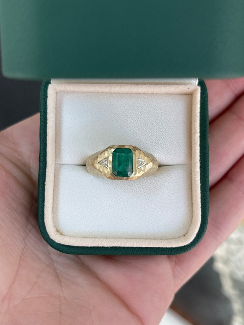 2.0tcw 14K Gold 3 Stone Green Natural Vertical Top Emerald & Trillion Cut Diamond Gypsy Ring for Women - Elegant Vintage Jewelry for Engagement, Wedding & Special Occasions