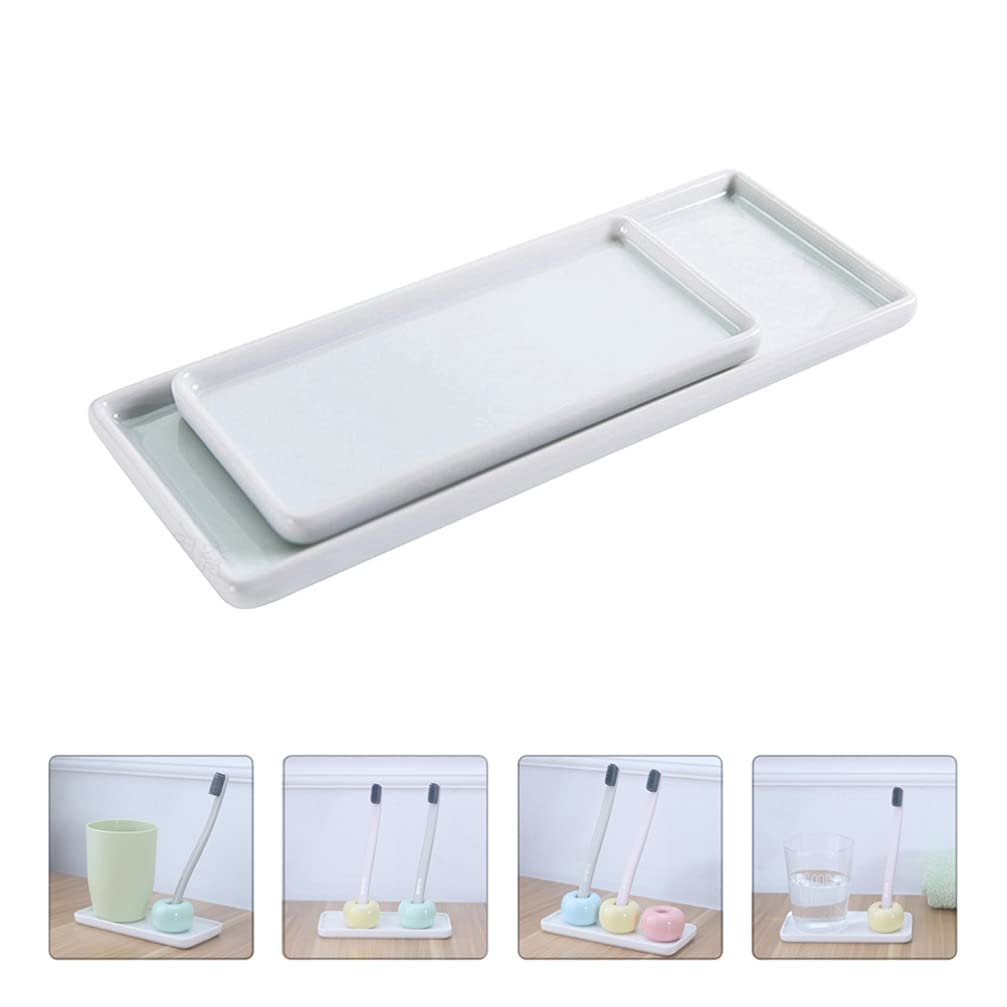 Hemoton 2-Piece White Ceramic Jewelry Dish Organizer - Rectangular Vanity Tray for Bracelets, Rings, Makeup & Keys | Perfect for Bathroom Counter, Dresser Top, Nightstand & Guest Towel Display