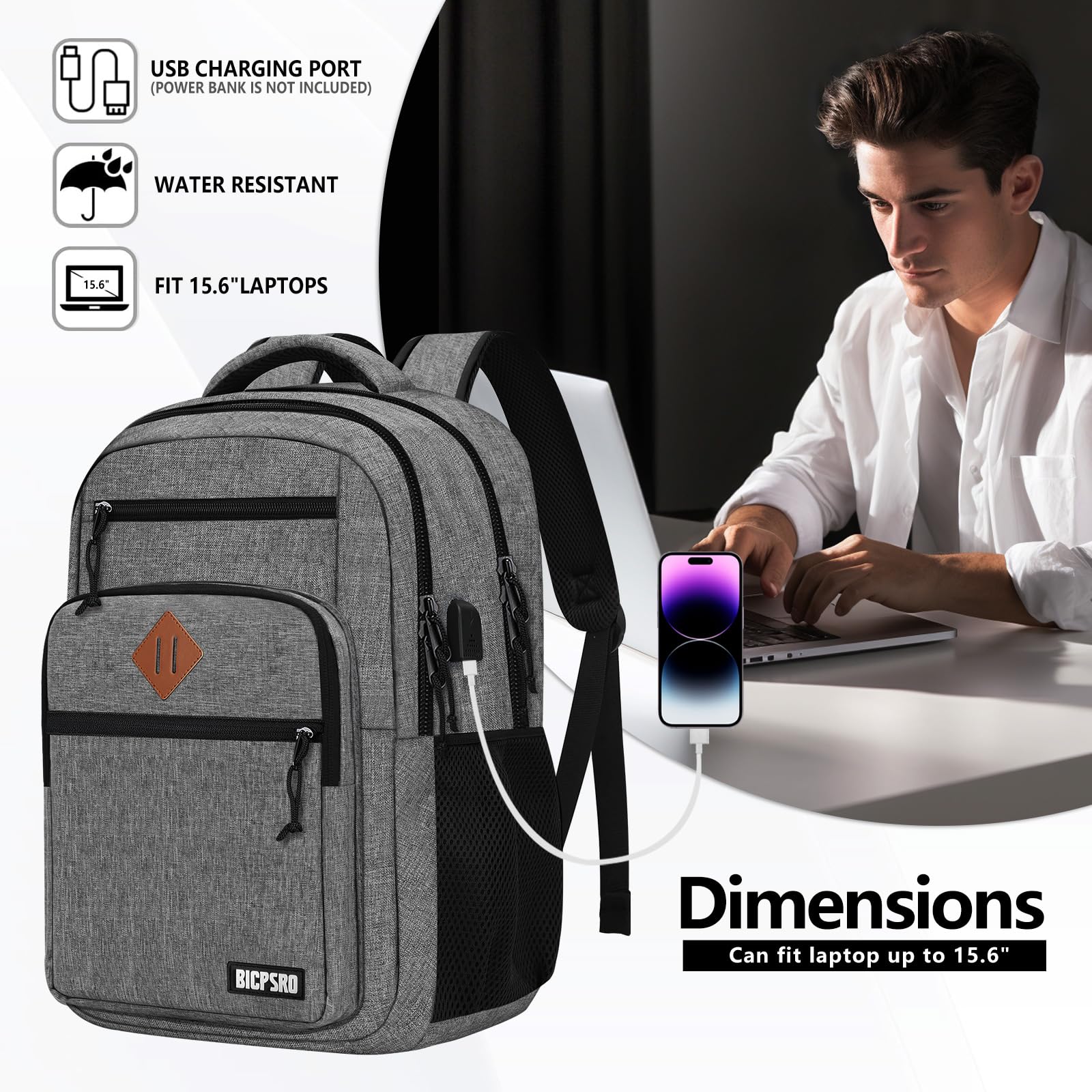 Durable 15.6 Inch Laptop Backpack for Men & Women - USB Charging Port, Water-Resistant School Bookbag for College, High School, Work & Travel - Perfect Business Computer Backpack (Grey) | Ideal for Daily Commute, Office & Study Essentials