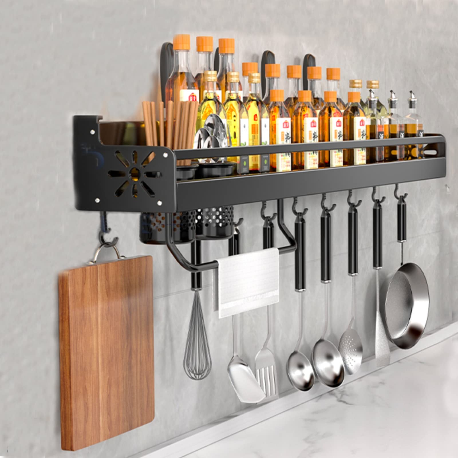Industrial Floating Shelves Wall Mounted - Heavy Duty Matte Black Storage Shelf with Removable Towel Bar & S-Hooks (30-60cm) - Perfect for Bedroom, Bathroom, Kitchen & Office Organization | Space-Saving Home Decor Solution
