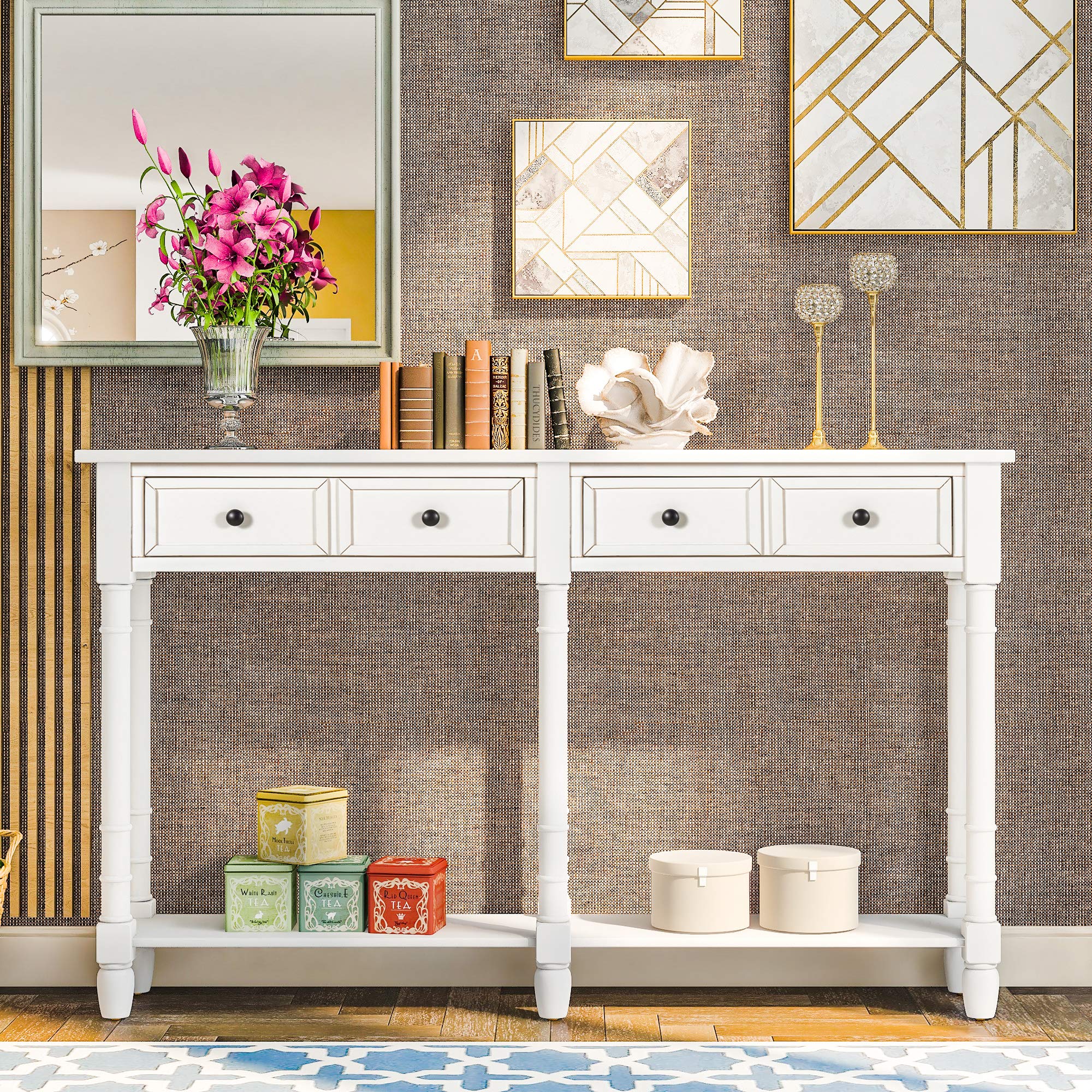 **Merax White Retro Console Table with Drawers & Shelf - Sofa Table, Entryway Table, Living Room Furniture - Perfect for Hallway, Foyer & Small Space Decor**