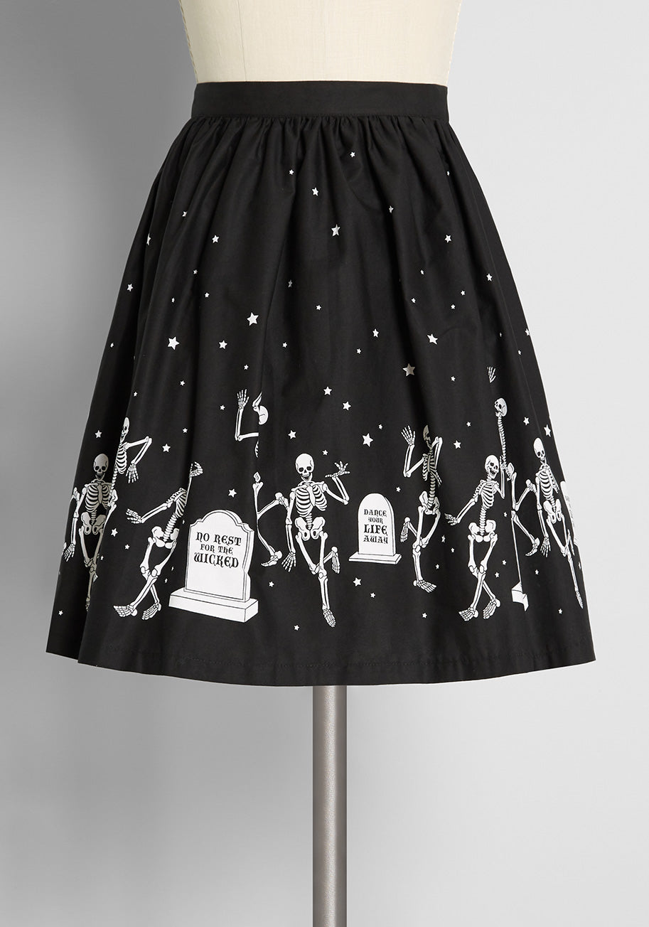 ModCloth Black Friday Exclusive Graveyard Smash Mini Skirt - Gothic A-Line Party Skirt for Halloween, Concerts & Night Out