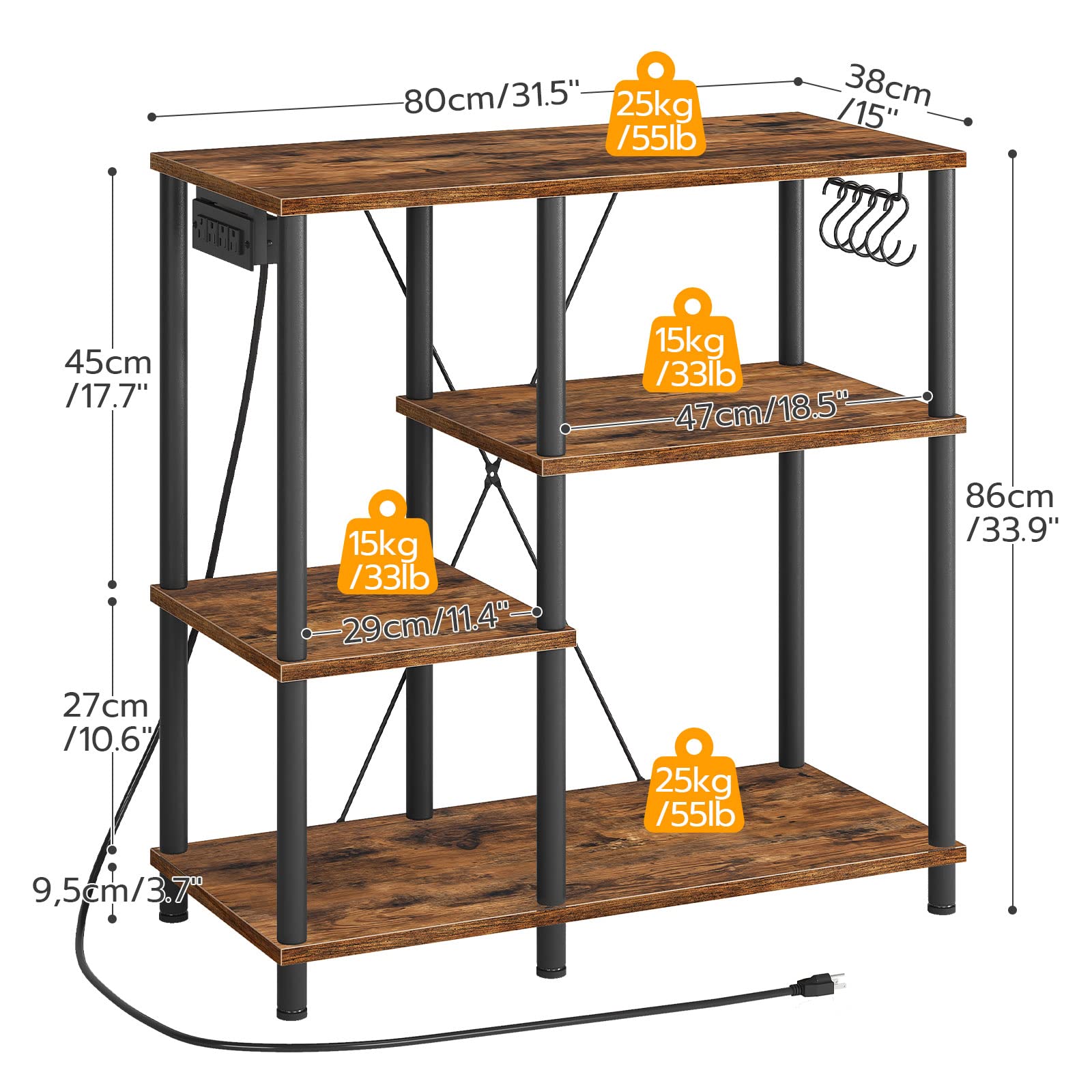 HOOBRO Rustic Brown and Black Bakers Rack with Power Outlet - Microwave Stand with 5 S-Shaped Hooks, Kitchen Storage Shelf & Coffee Bar Organizer - Perfect for Kitchen, Living Room, Dining Room, or Home Office (Model BF07UHB01)