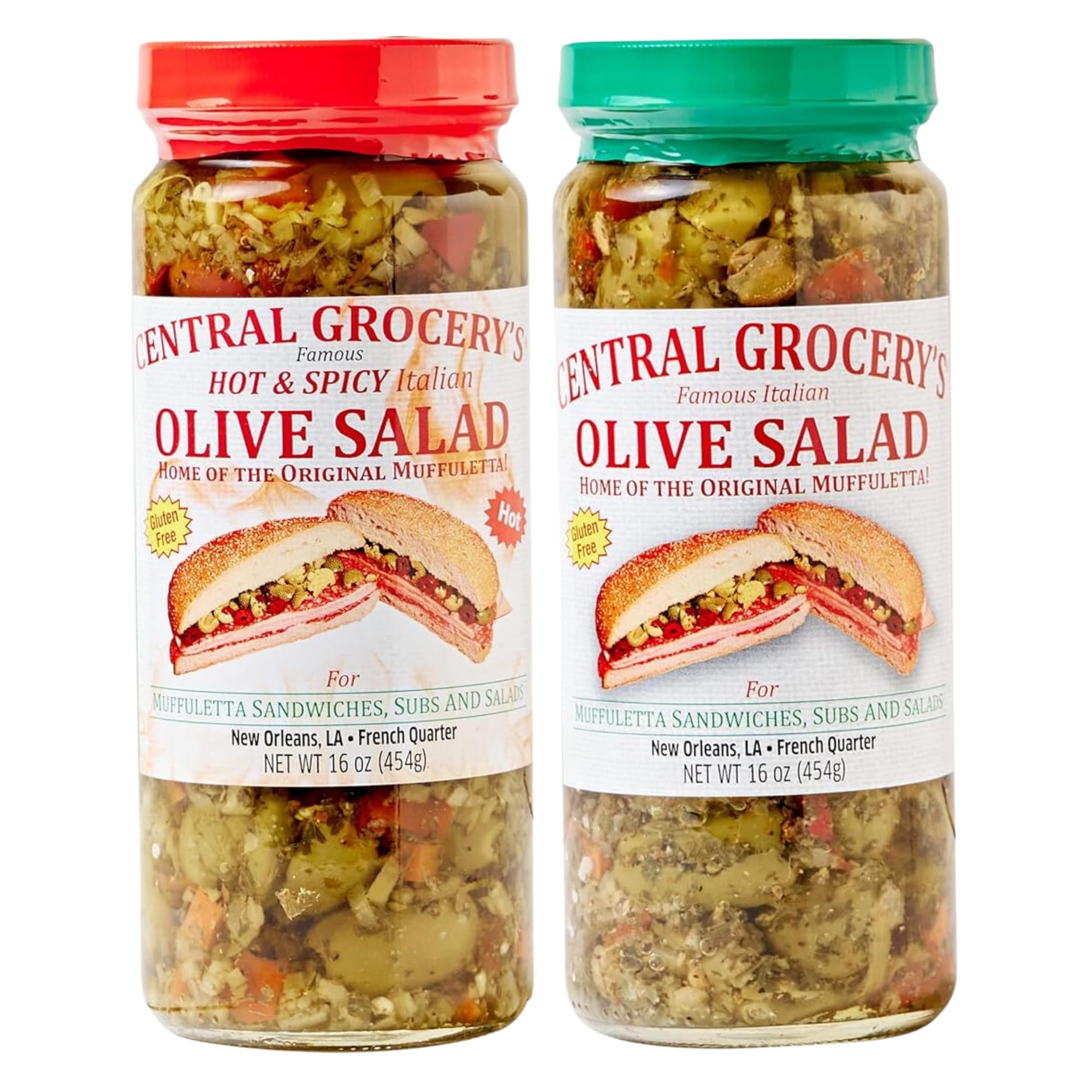 Central Grocery Olive Salad - 16 oz Combo Pack with Hot & Original Flavors - Premium Olive Mix for Muffulettas, Sandwiches, Pizzas, Pasta, Hot Dogs & Salads - Perfect for Picnics, Parties & Italian Cooking