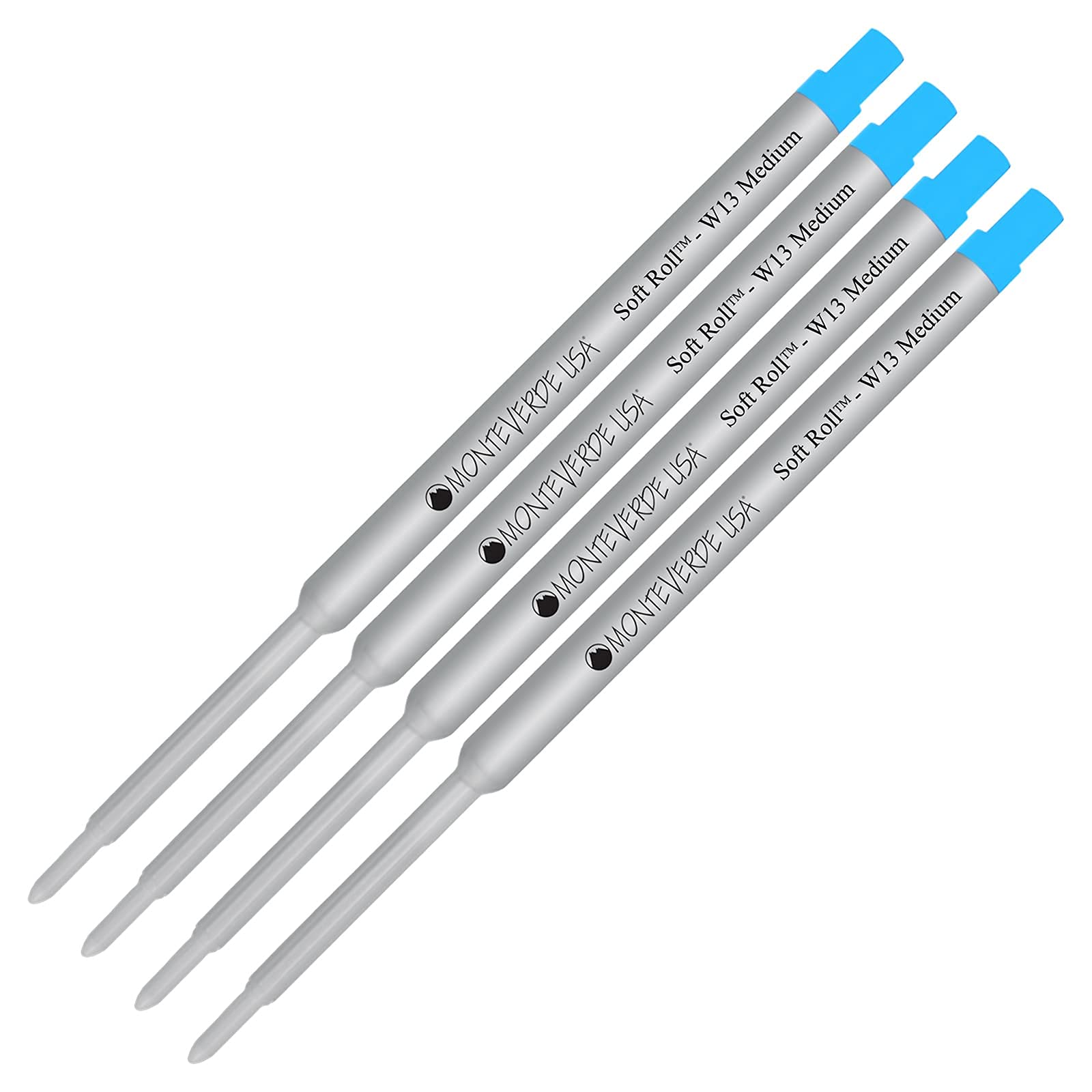 Monteverde® Soft Roll™ Ballpoint W13 Paste Ink Refill 4-Pack - Compatible with Waterman® Style Pens - Turquoise Medium Tip 0.7mm - Perfect for Office, School & Everyday Writing