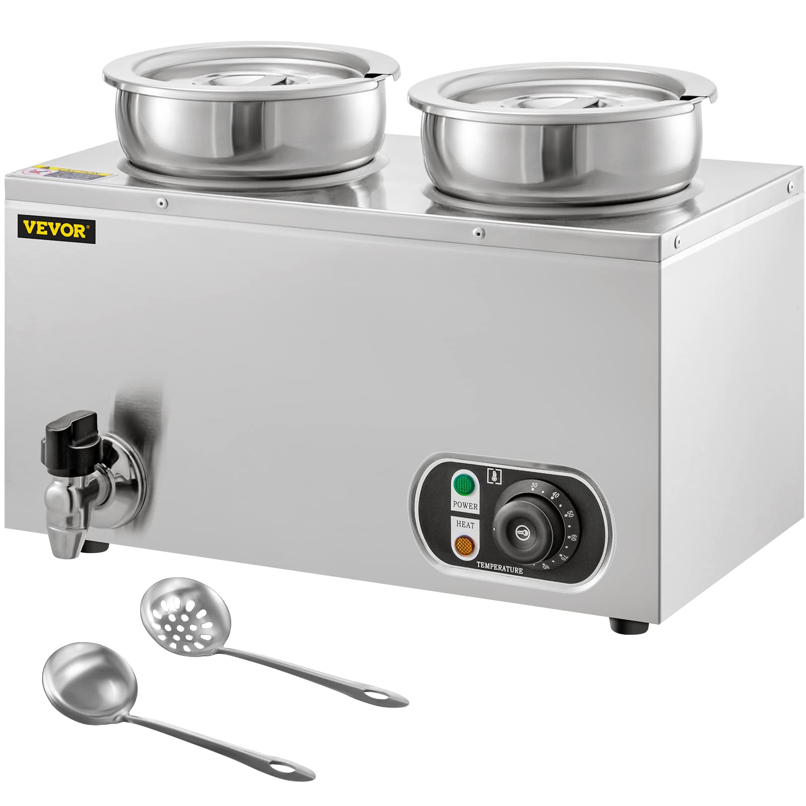 VEVOR 110V Commercial Stainless Steel Soup Warmer with Tap - 14.8 Qt Capacity, 500W Electric Food Warmer, Adjustable Temperature 86-185℉ - Perfect for Restaurants, Catering & Food Service - Ideal for Keeping Soup, Cheese, Hot Dogs, Rice & More Warm on Countertops