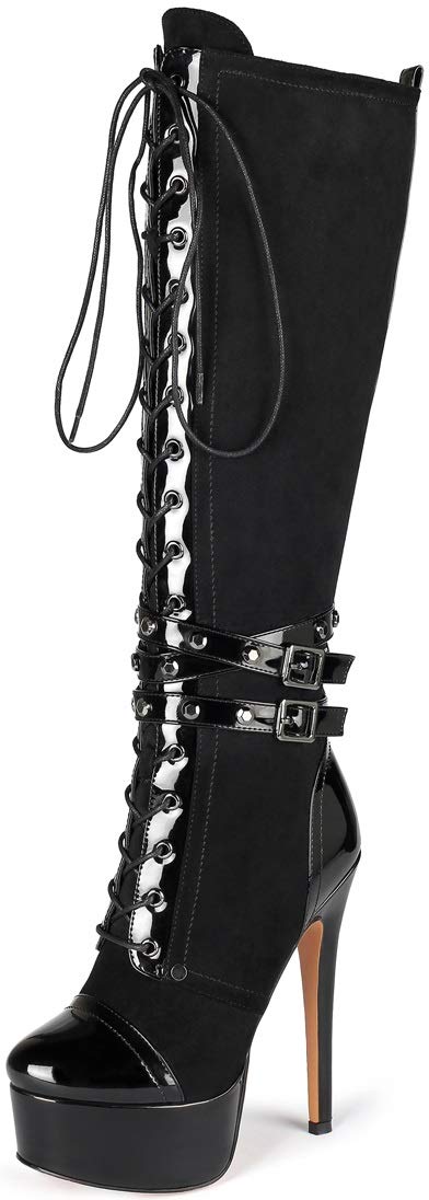 YODEKS Women's Platform Stiletto Over The Knee High Boots - Lace Up High Shaft Heeled Booties for Women, Fashionable Winter Boots for Party, Night Out & Date Night