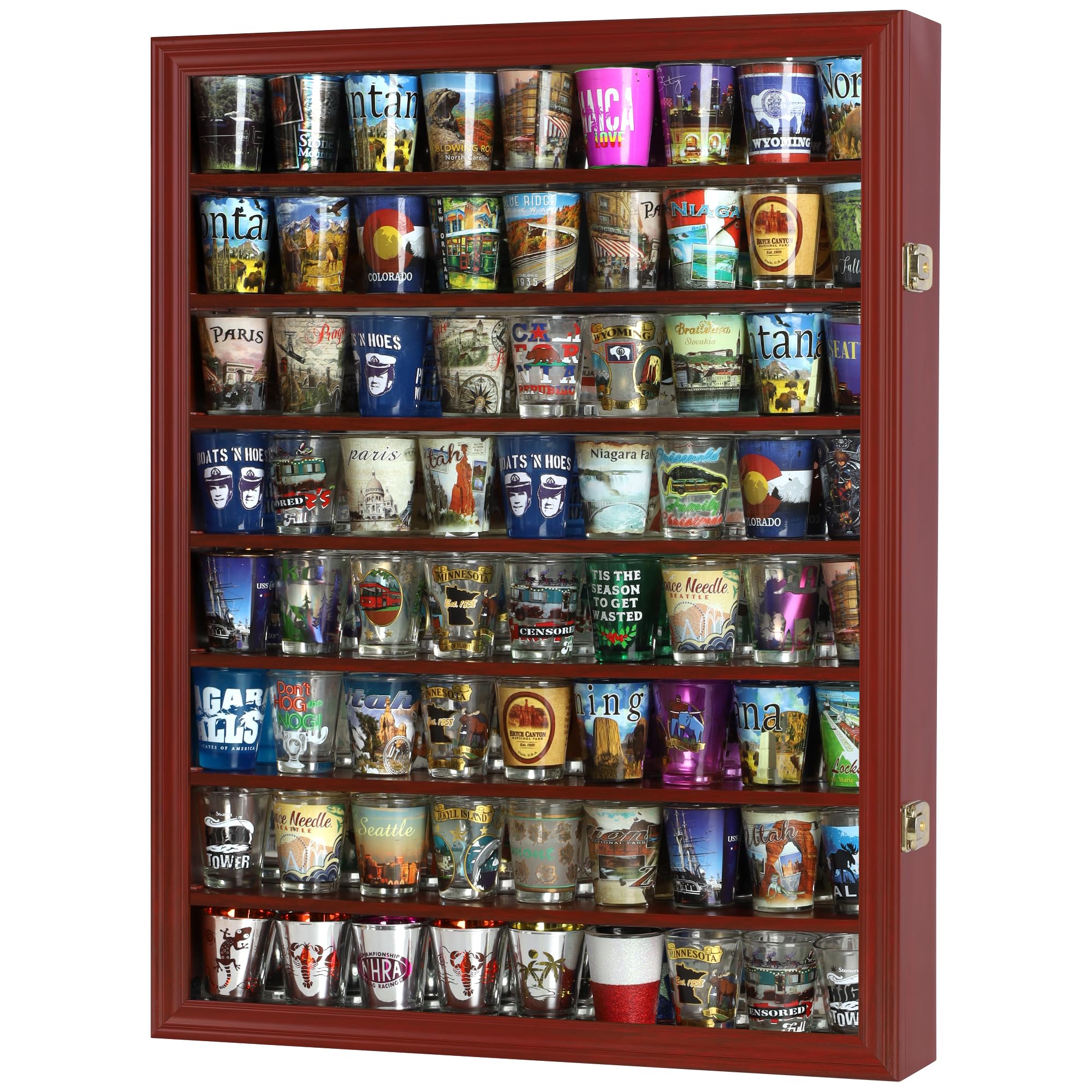 Solid Wood Shot Glass Display Case with UV Protection Acrylic Door & Mirror Back - Lockable Wall Cabinet for Shot Glass Collection (Cherry Finish) - Perfect for Home Bars, Man Caves, and Whiskey Enthusiasts