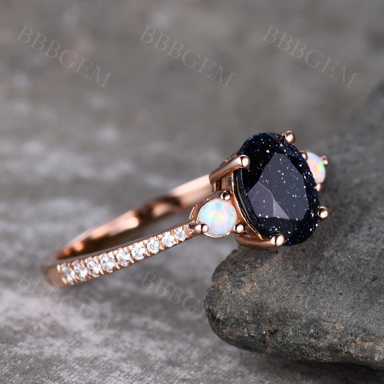 5x7mm Oval Cut Blue Sandstone Three Stone Engagement Ring - Half Eternity Diamond Wedding Band for Women - Perfect for Proposals, Anniversaries & Romantic Occasions