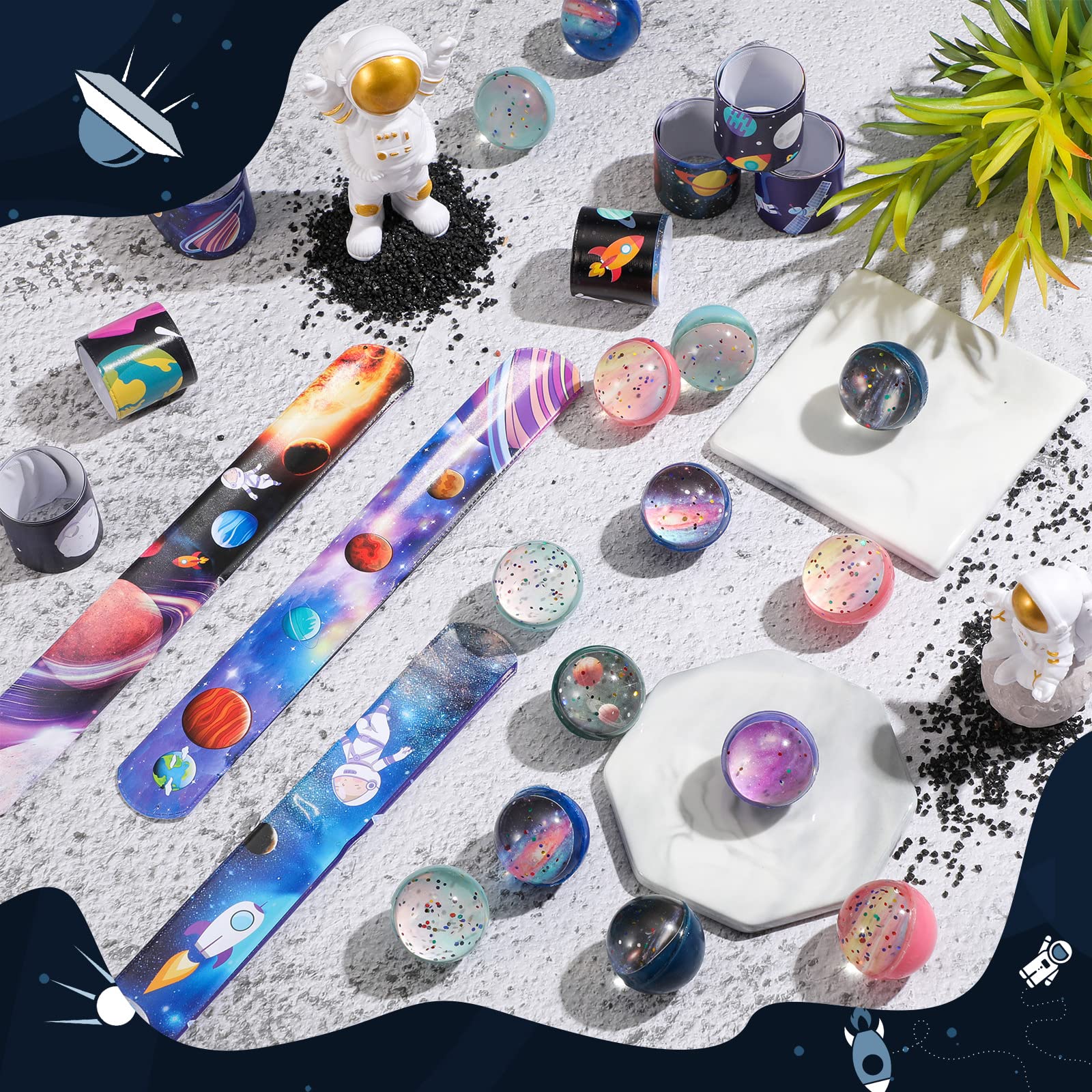 32-Piece Space Party Favors Set - 16 Galaxy Slap Bracelets & 16 Rubber Bouncy Balls for Outer Space Birthday, Classroom Rewards, Goodie Bag Fillers & Kids' Party Supplies
