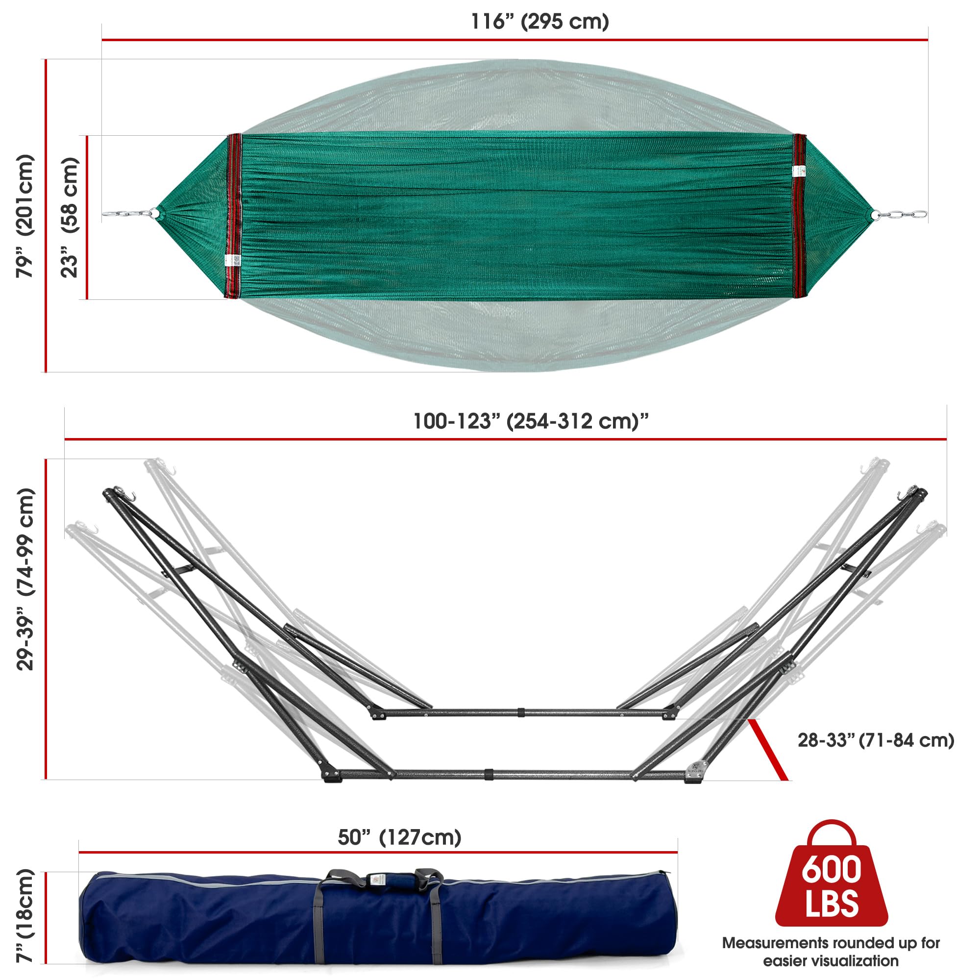 Tranquillo Foldable Hammock Stand with Breathable Polyester Net - 600 lbs Capacity Steel Frame for 2 Person Outdoor Camping, Backyard Relaxation & Beach Lounging - Portable Collapsible Double Hammock Set in Peacock Green