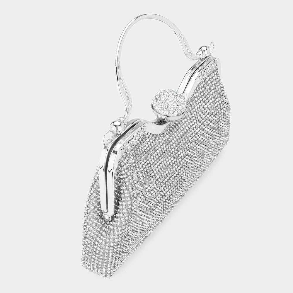Sparkling Silver Rhinestone Mesh Evening Clutch Bag with Top Handle & Crossbody Strap - Perfect for Parties, Weddings & Special Occasions