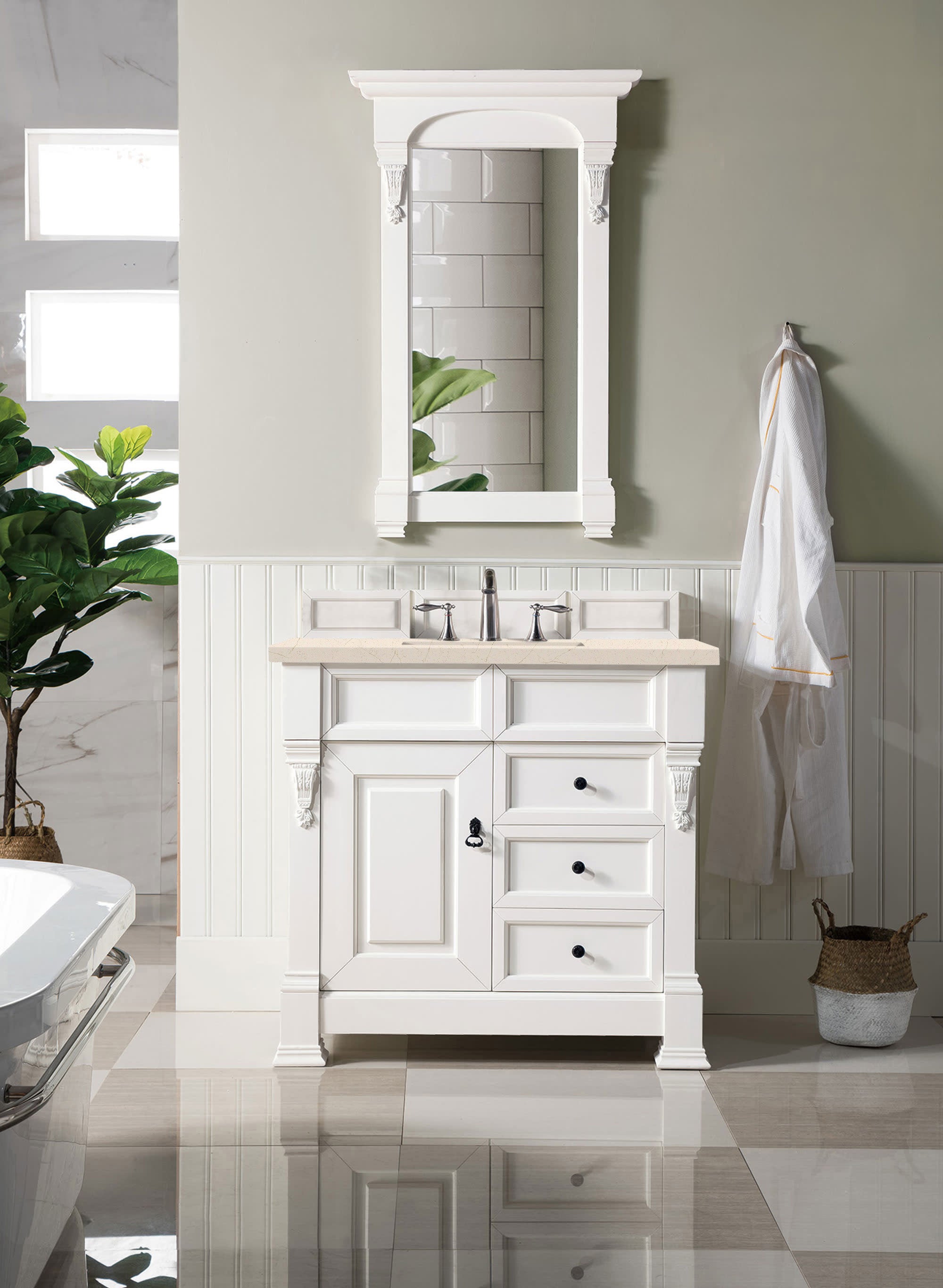 Brookfield 36 Inch Single Bathroom Vanity Set with Bright White Finish & 3CM Eternal Marfil Quartz Countertop - Perfect for Modern Master Bathrooms, Guest Baths & Small Space Remodels
