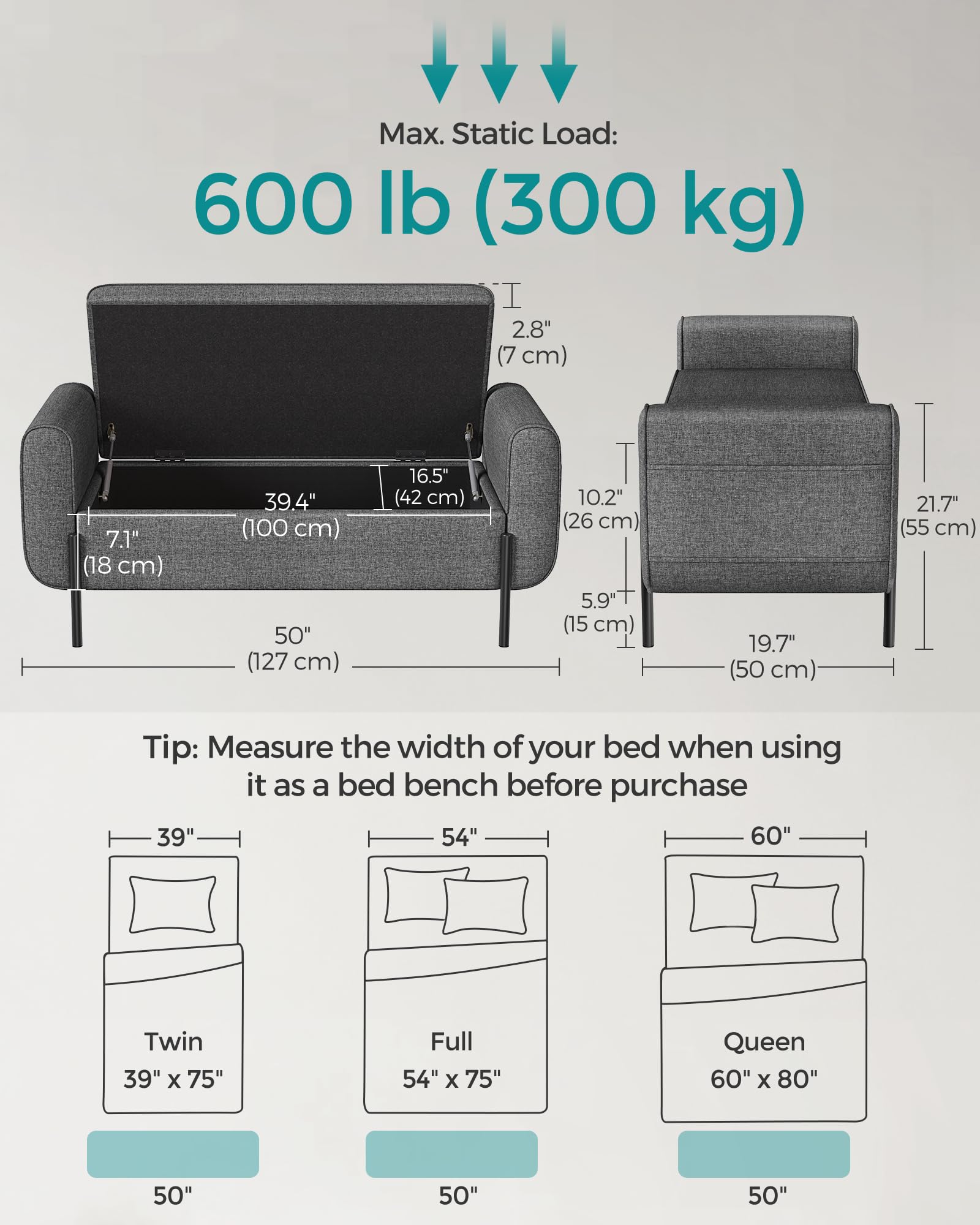 SONGMICS Storage Bench with Armrests, Dark Gray Ottoman with Hidden Storage Compartment, Sturdy Steel Legs - Perfect for Living Room, Bedroom, Entryway & Hallway Organization | Multi-Functional Seat & Storage Solution for Small Spaces