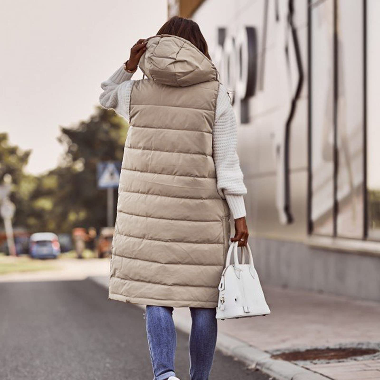 Women's Long Hoodie Vest - Winter Sleeveless Down Coat with Pockets | Red & White Striped Sweater Style | Warm Outerwear for Casual Wear, Outdoor Activities & Layering