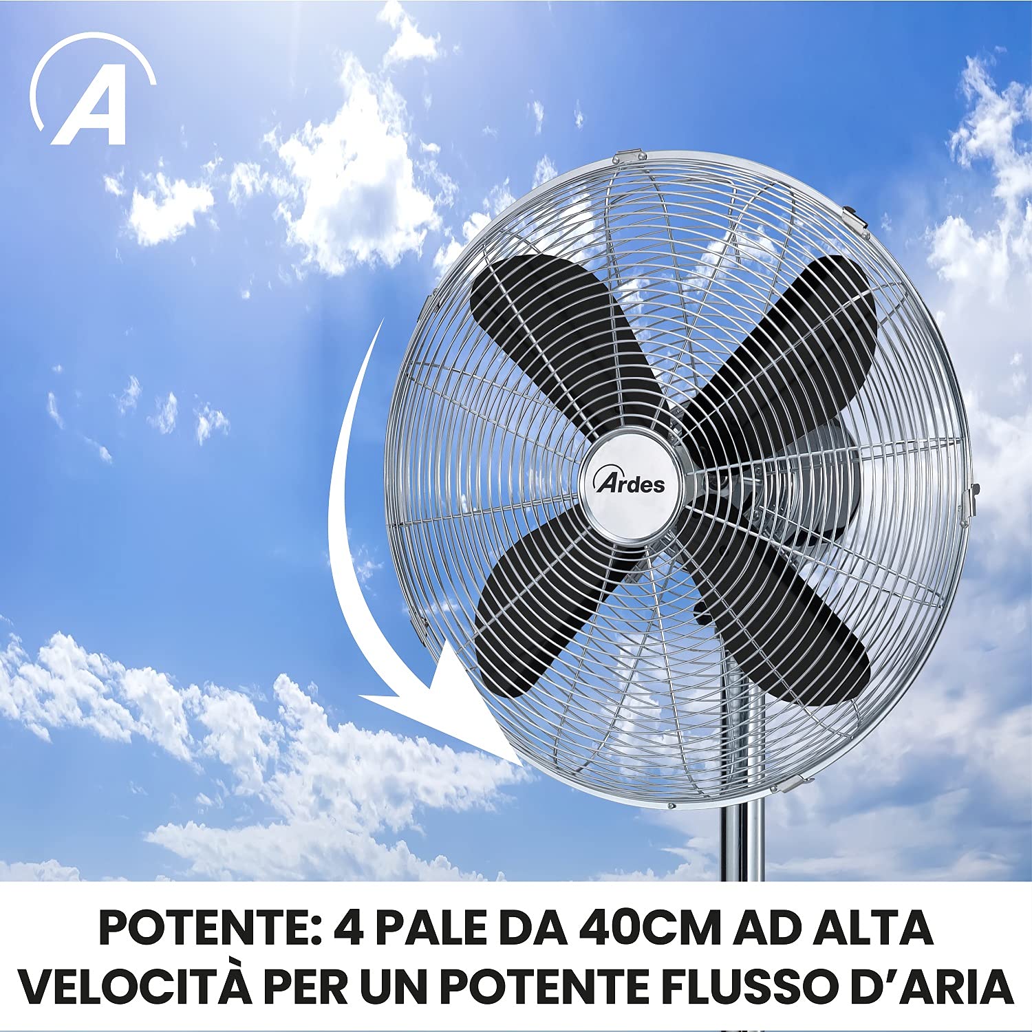 ARDES AR5C40PBH 40-Inch Silent Floor Fan with 4 Chrome Blades - Wide Base, Oscillating & Tilting - 3-Speed Manual Control for Home, Office & Bedroom Cooling
