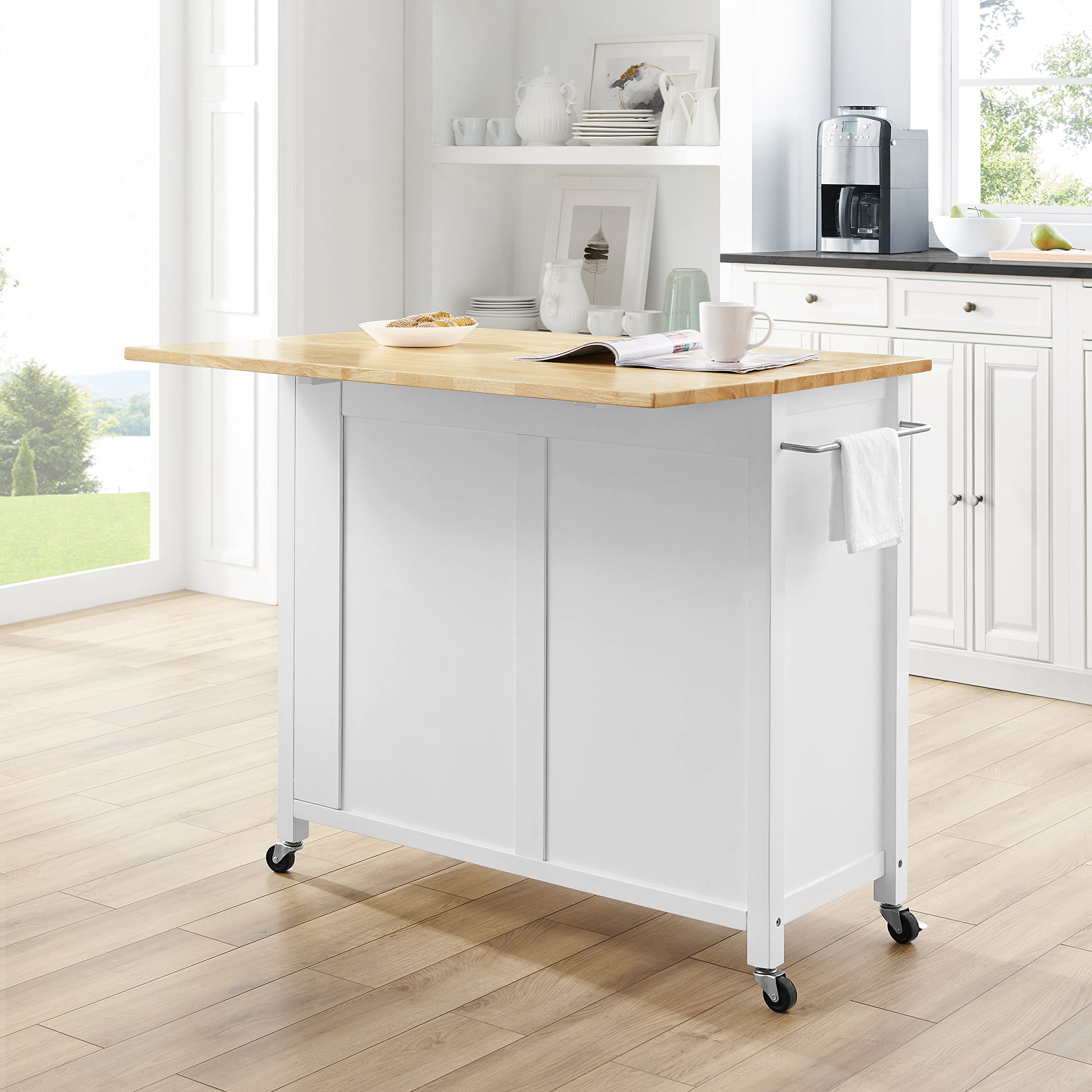 Crosley Savannah White Wood Top Drop Leaf Rolling Kitchen Island Cart with Spice Rack & Shelves - Perfect for Small Kitchens, Dining Rooms & Entertaining Spaces
