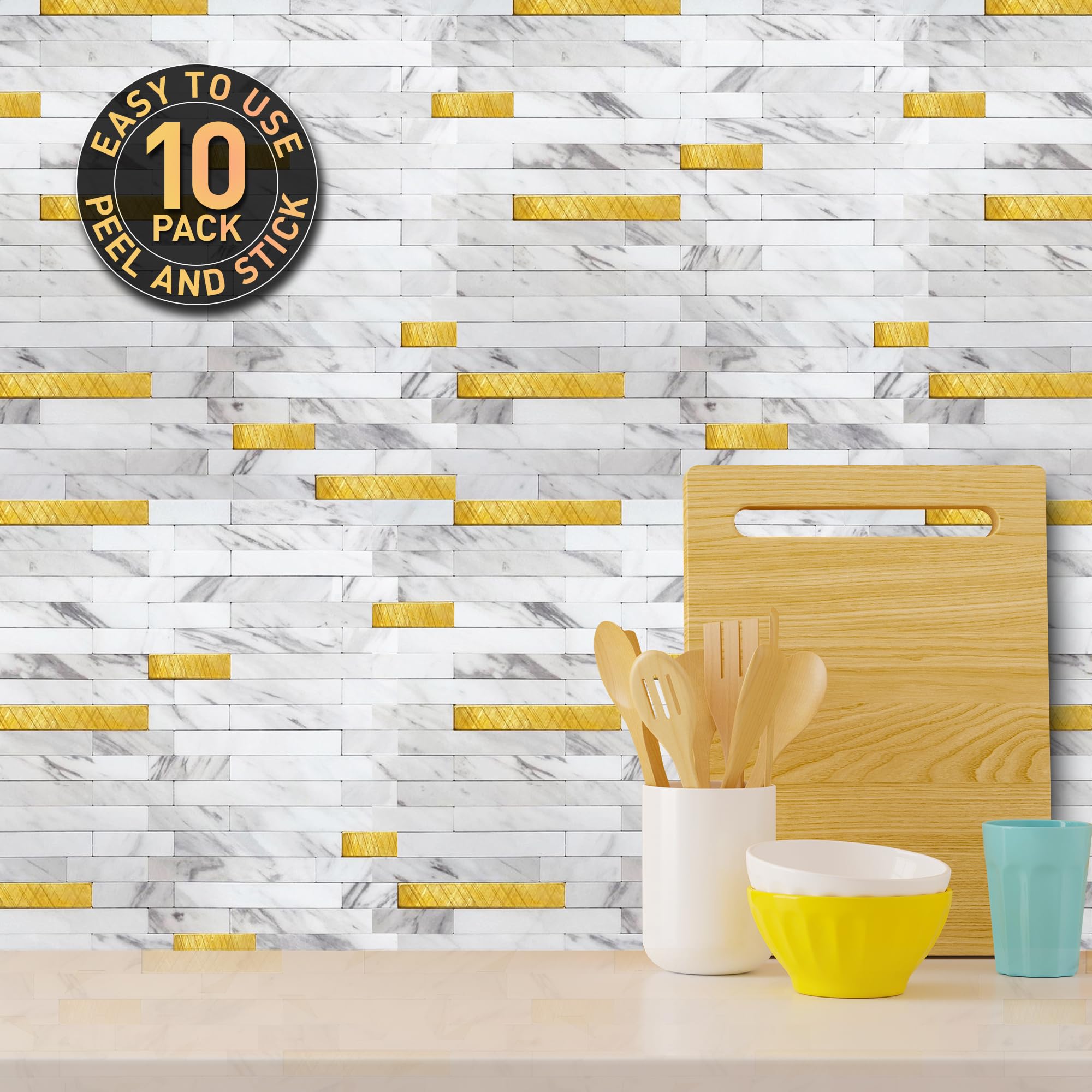 Peel & Stick Backsplash Wall Tile - 10 White & Gold Faux Marble Self-Adhesive Sheets (11.8