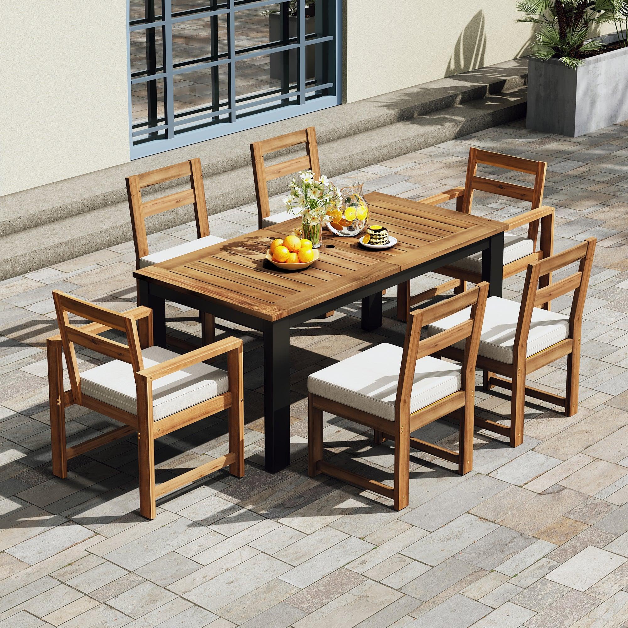 7-Piece Outdoor Patio Dining Set - Wooden Table with Umbrella Hole & 6 Chairs (2 Armchairs + 4 Side Chairs) for Garden, Backyard, Poolside - Perfect for BBQs, Family Gatherings & Outdoor Entertaining