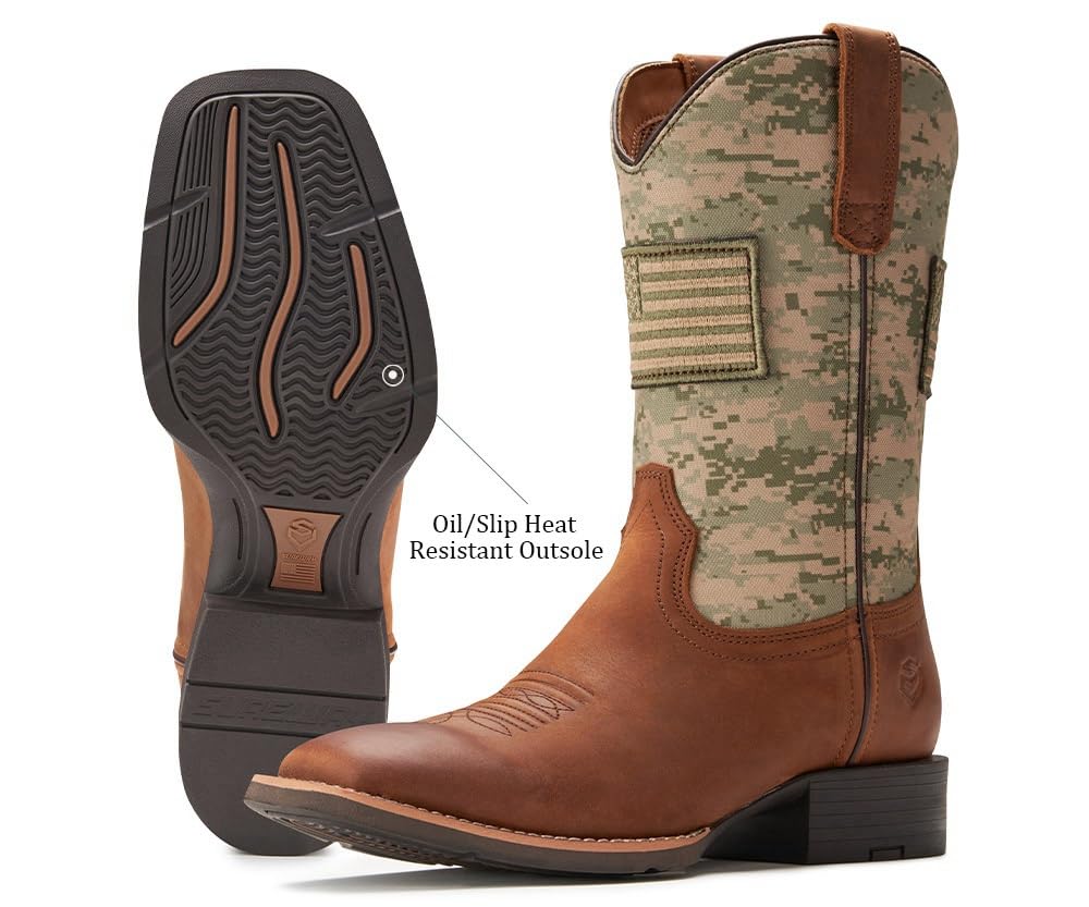 SUREWAY Men's Cowboy Boots - Square Toe Western Boots with American Flag Design | Oil & Slip Resistant | Durable & Stylish Pull-On Boots for Rodeo, Country Dance & Outdoor Work