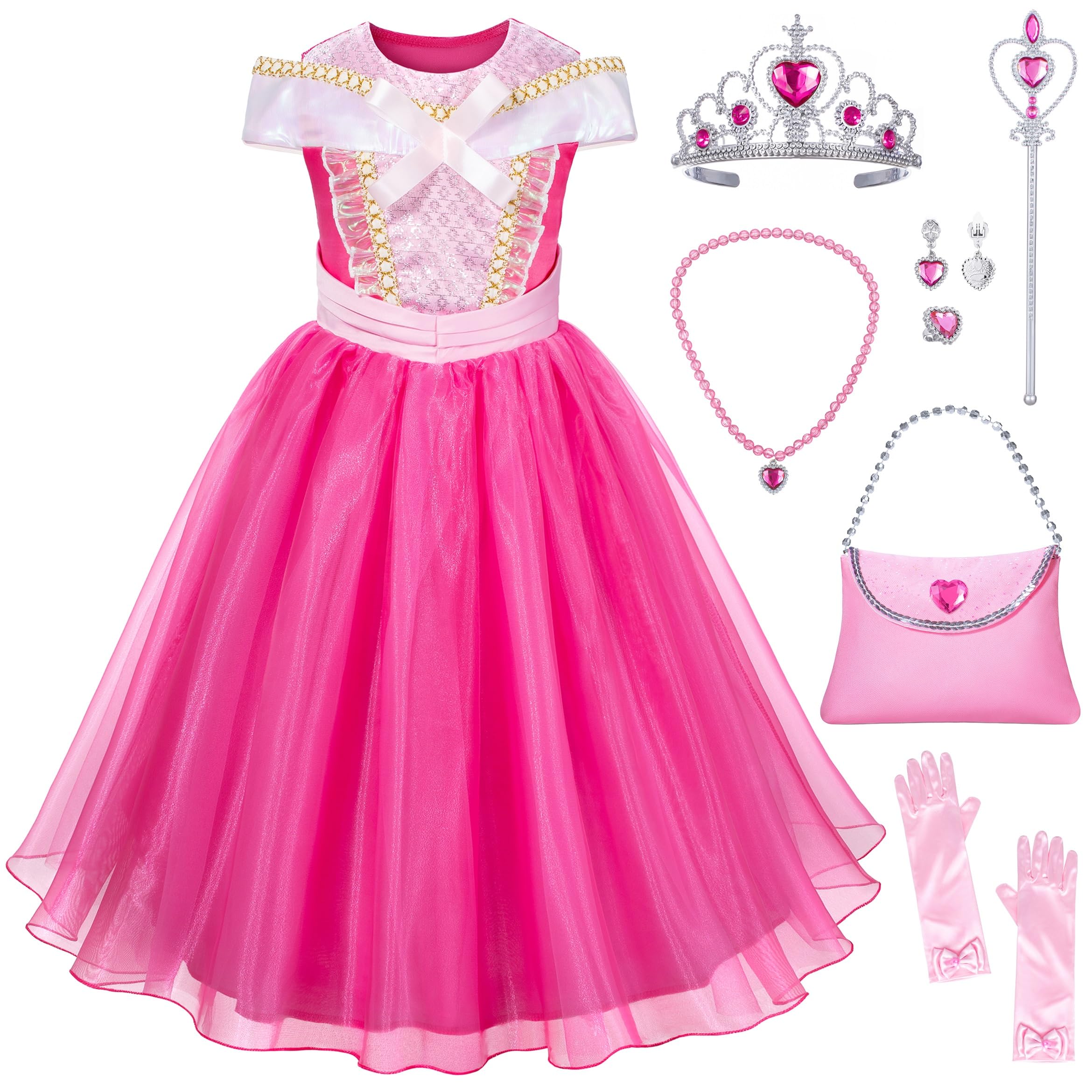 Pink Princess Costume Dress for Girls - Sleeping Beauty Dress with Tiara & Gloves | Fairy Tale Party, Halloween, Birthday Dress Up & Role Play