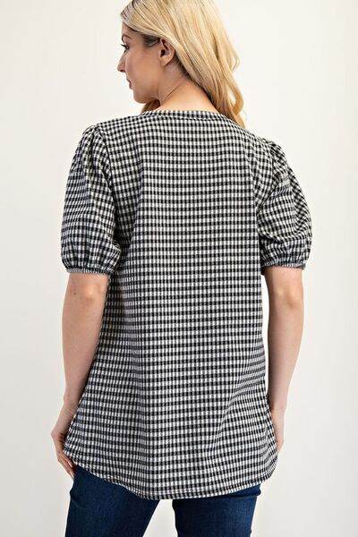 Celeste Gingham Print Blouse with Puff Sleeves - Plus Size Women's Fashion Top for Casual Wear & Summer Outfits