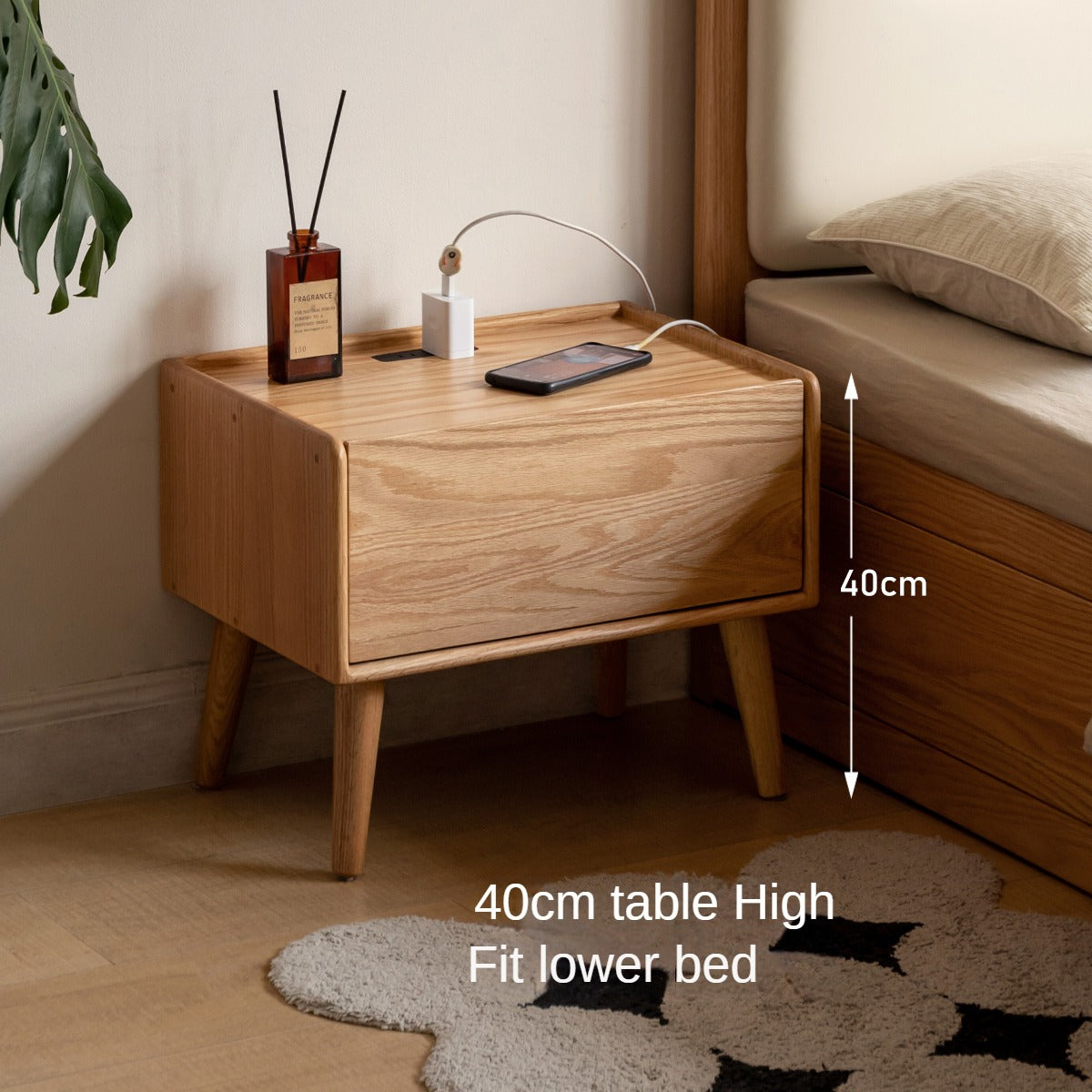 Solid Oak Wood Nightstand with Built-in USB Outlet - Perfect for Bedroom, Living Room, or Office Use