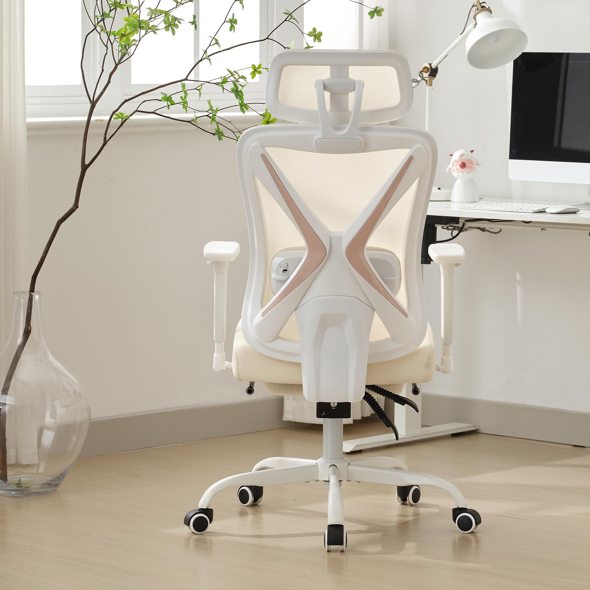 Qulomvs Ergonomic Massage Office Chair with Foot Rest - High Back Reclining Desk Chair with Vibration Massage, Breathable Mesh Computer Chair for Home Office (Cream White) - Perfect for Work, Gaming & Relaxation
