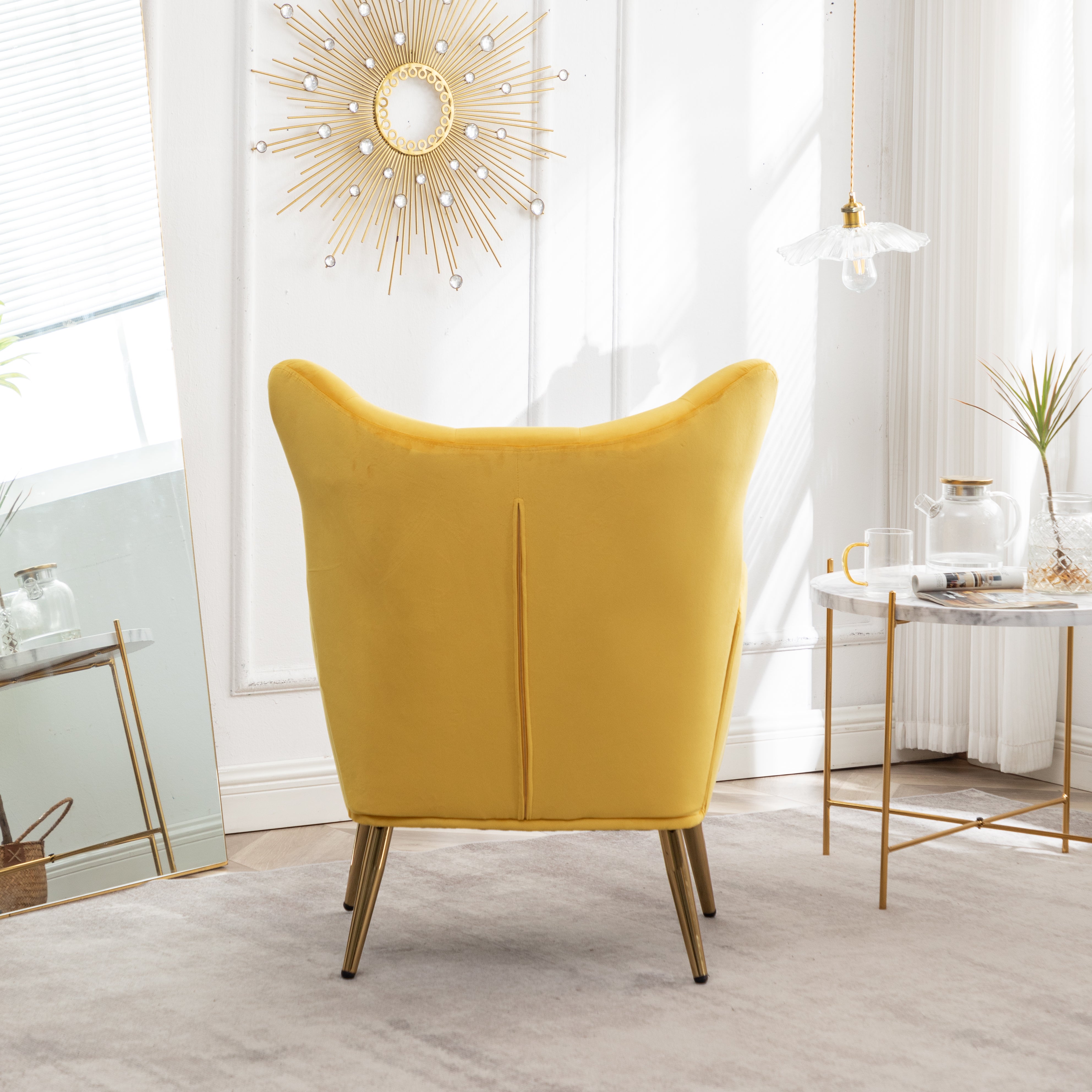 Roundhill Furniture Sovarol Velvet Button Tufted Wingback Accent Chair - Luxurious Yellow Velvet Upholstery for Living Room, Bedroom & Home Office Decor