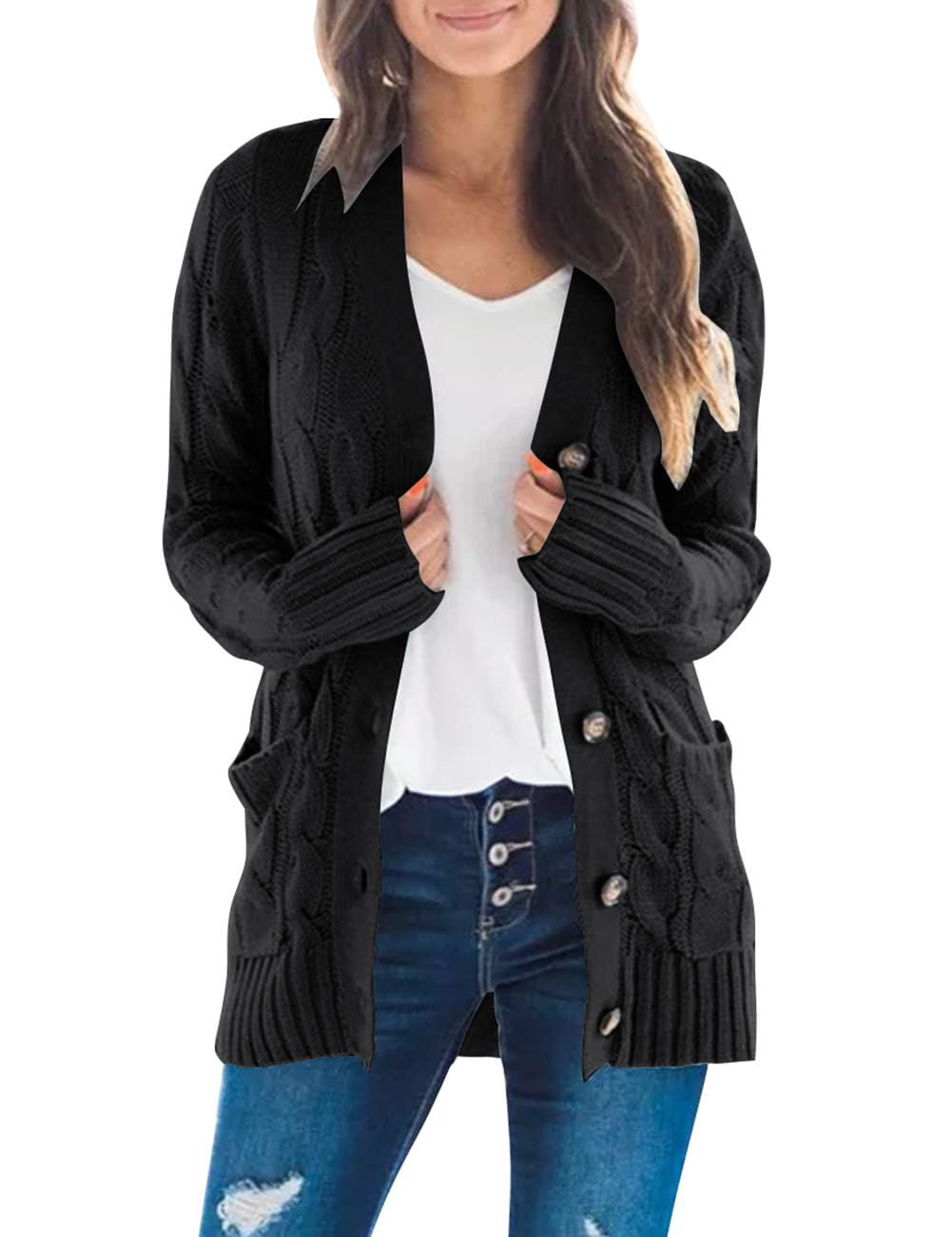 MEROKEETY Women's 2025 Fall Long Sleeve Cable Knit Sweater Cardigan - Open Front Button Loose Fit Outerwear for Work, Date & Casual Outfits
