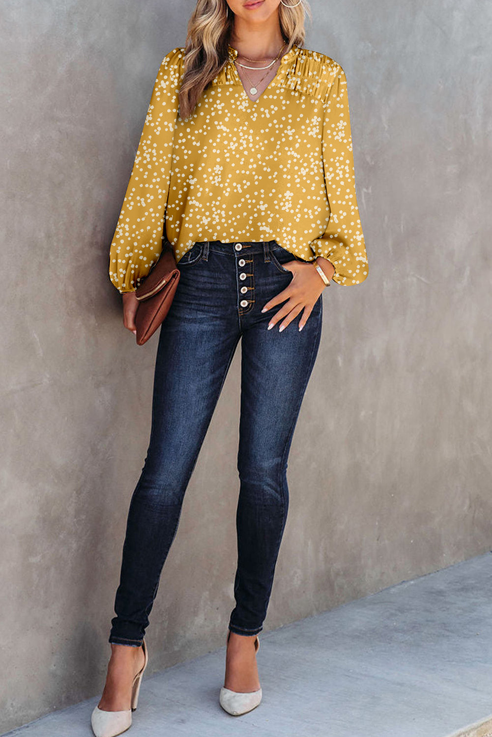 Stylish V Neck Printed Crinkled Long Sleeve Blouse for Women - Trendy Casual & Office Wear