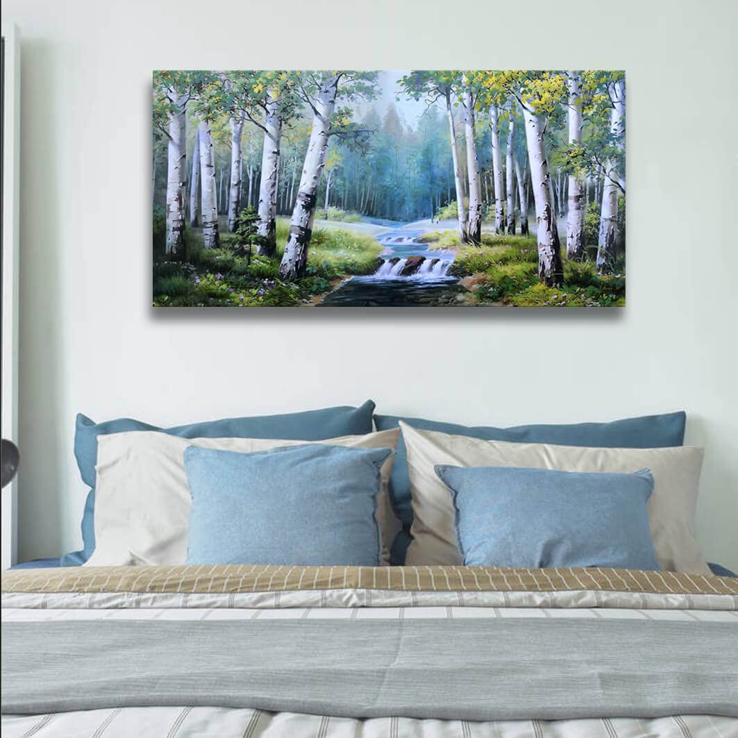 Modern Abstract Landscape Canvas Wall Art - Birch Trees, Teal Mountain River Painting 24