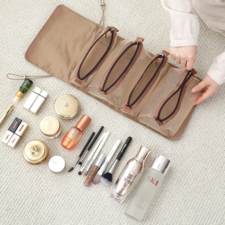 Bluwings 4-in-1 Hanging Roll-Up Foldable Detachable Cosmetic & Stationary Organizer Bag - Makeup Pouch Travel Vanity Toiletry Bag for Women & Girls (Brown) | Perfect for Travel, Home, Dorm & Office Organization