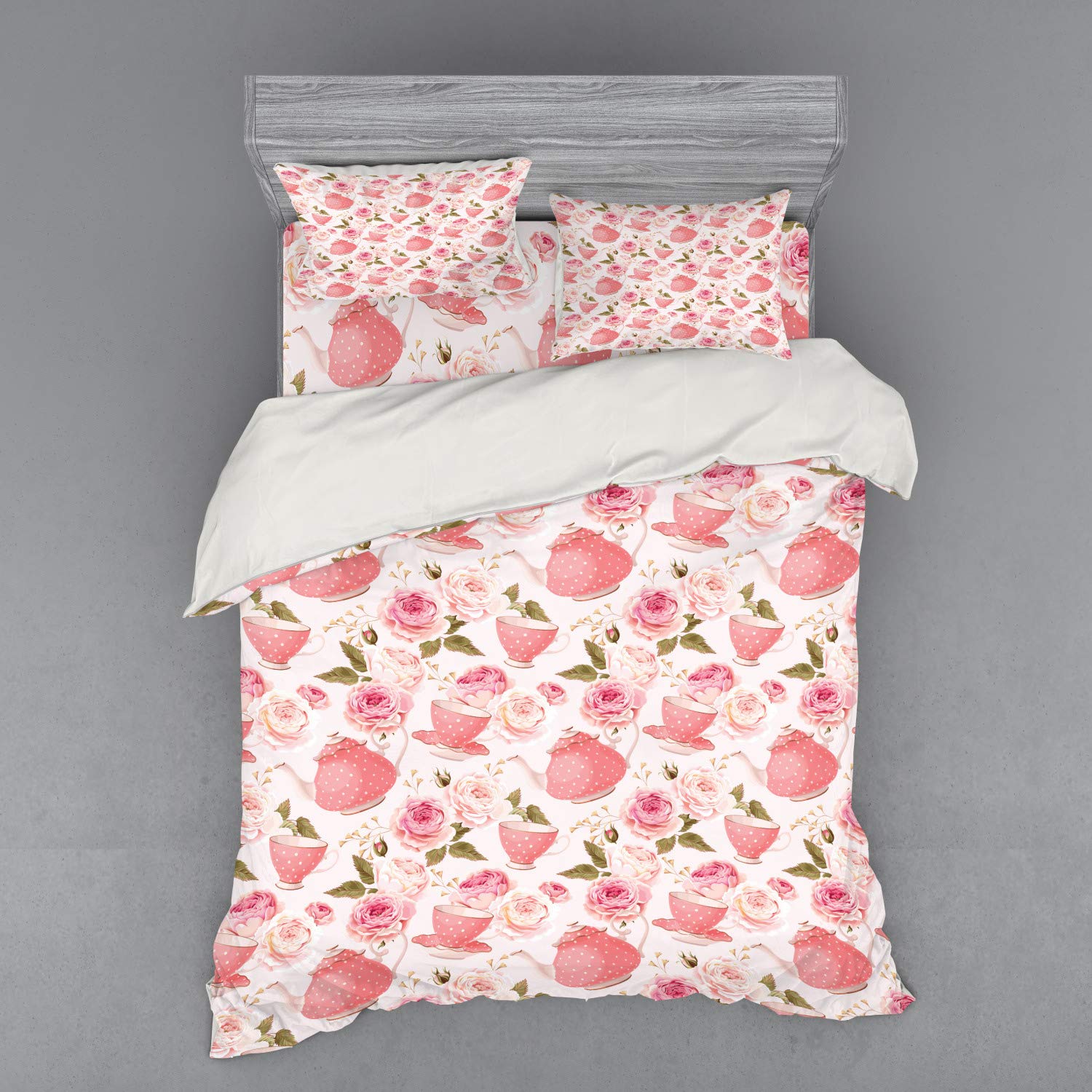 Ambesonne Floral Bedding Set - Vintage Tea Cup & Rose Print 4-Piece Duvet Cover Set with Shams & Fitted Sheet, Queen Size in Pale Pink Coral & Fern Green | Perfect for Romantic Shabby Chic Bedrooms & Guest Rooms