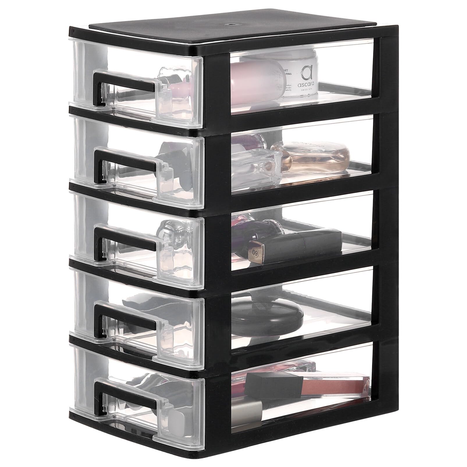 DOITOOL 5-Tier Clear Black Plastic Storage Drawers - Desktop Organizer with Transparent Drawers for Office Supplies, Makeup, Bathroom Essentials | Perfect for Desk Organization, Cosmetic Storage & Bathroom Shelving