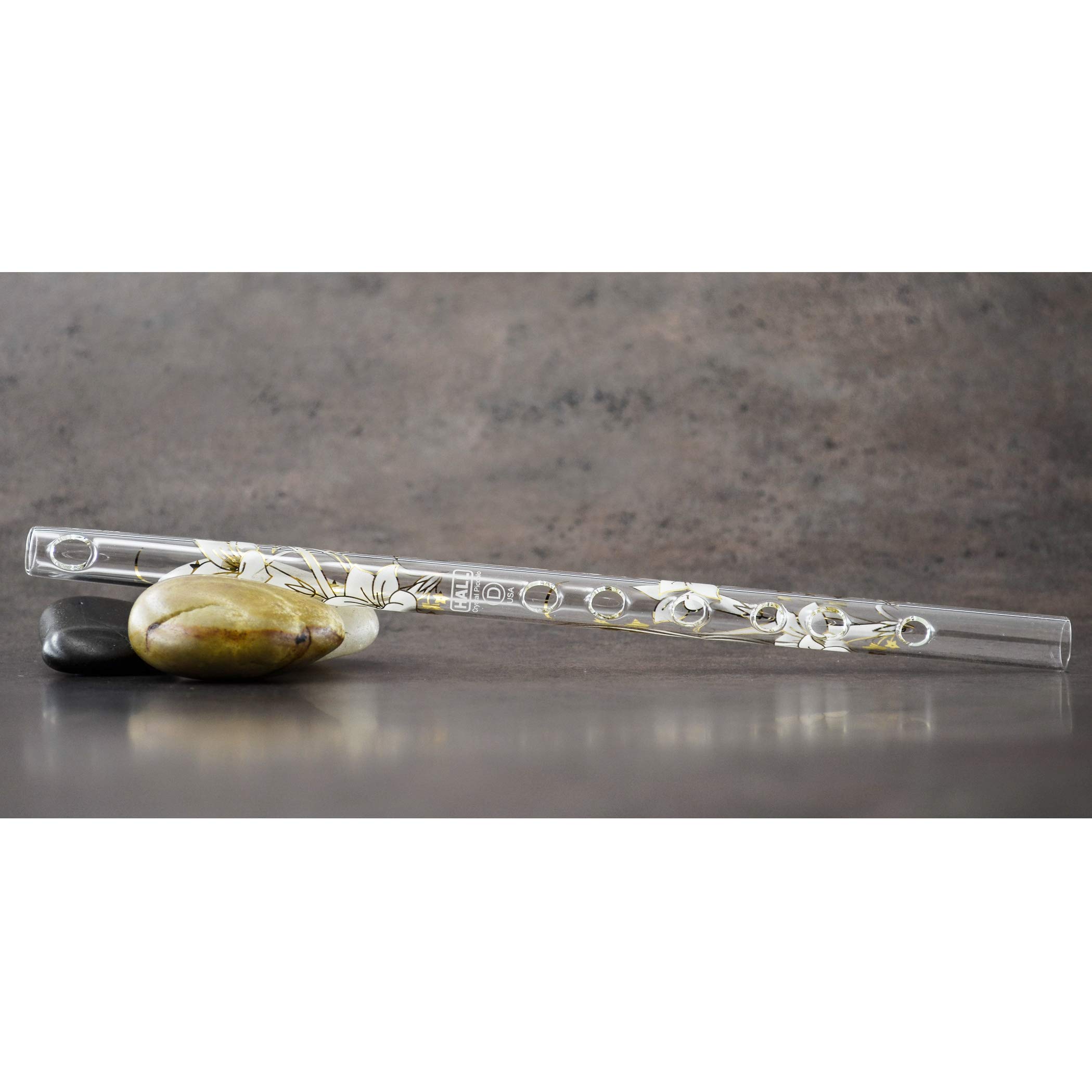 Hall Crystal Flute 22201 - D Key Offset Glass Flute with White Lily Design | Elegant Musical Instrument for Weddings, Concerts & Professional Performances